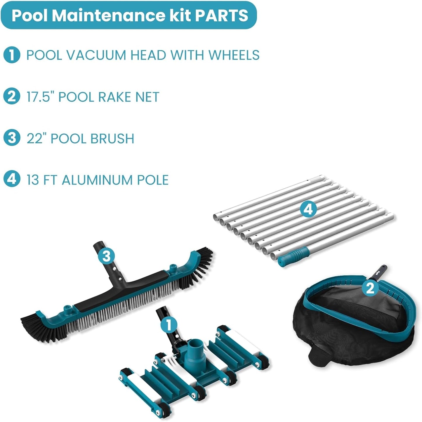 Deluxe Swimming Pool Cleaning Kit Including Pool Net and Vacuum Head, Pool Brush with 13Ft Pole for Above Ground & Inground Swimming Pools