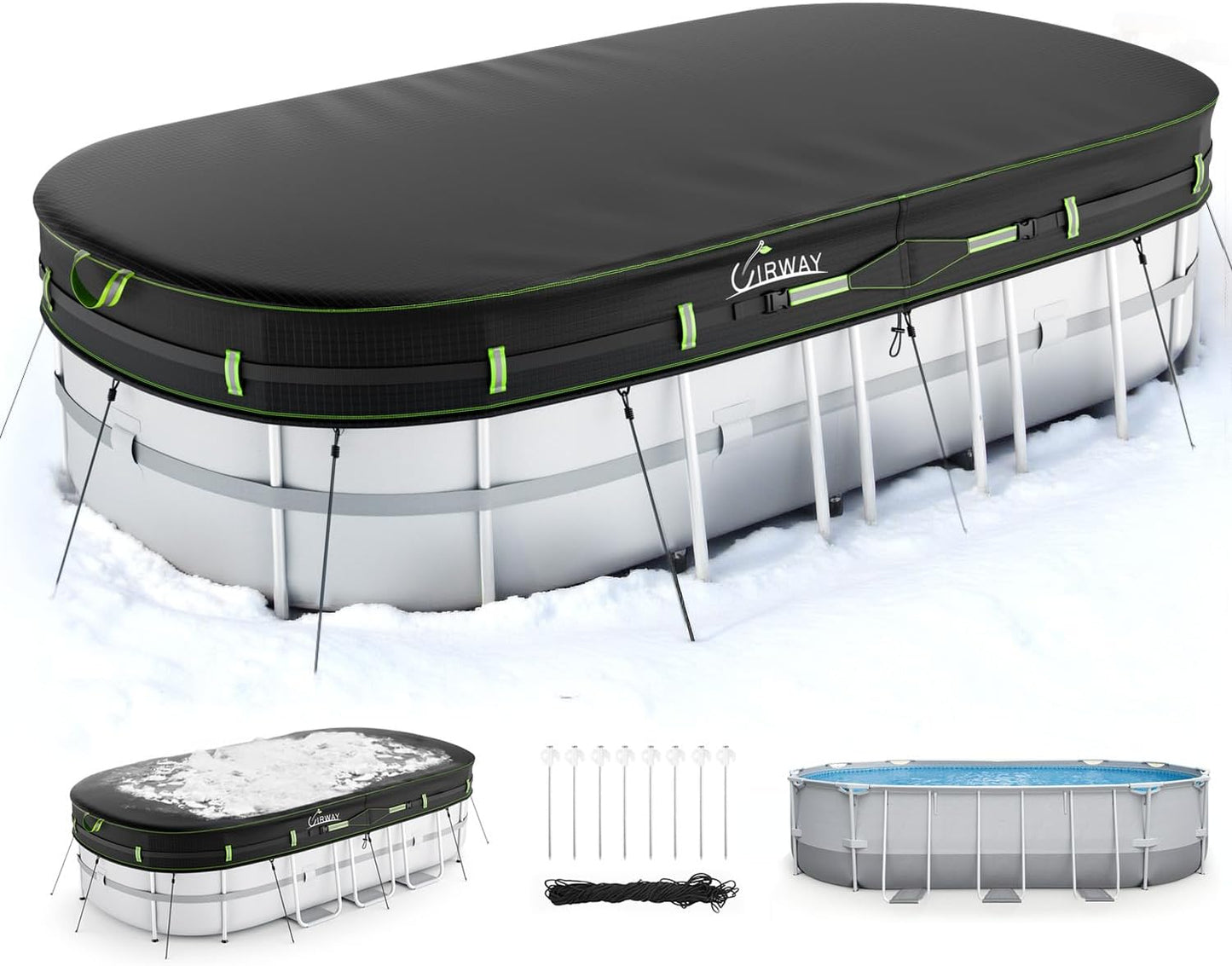 UIRWAY 14 Ft Round Winter Pool Cover with Reflective Strips, Swimming Pool Cover for Above Ground Pools, Solar Cover Including Rope Tie and Luminous Ground Nails, PU Tarp Snug Fit for UV Protected