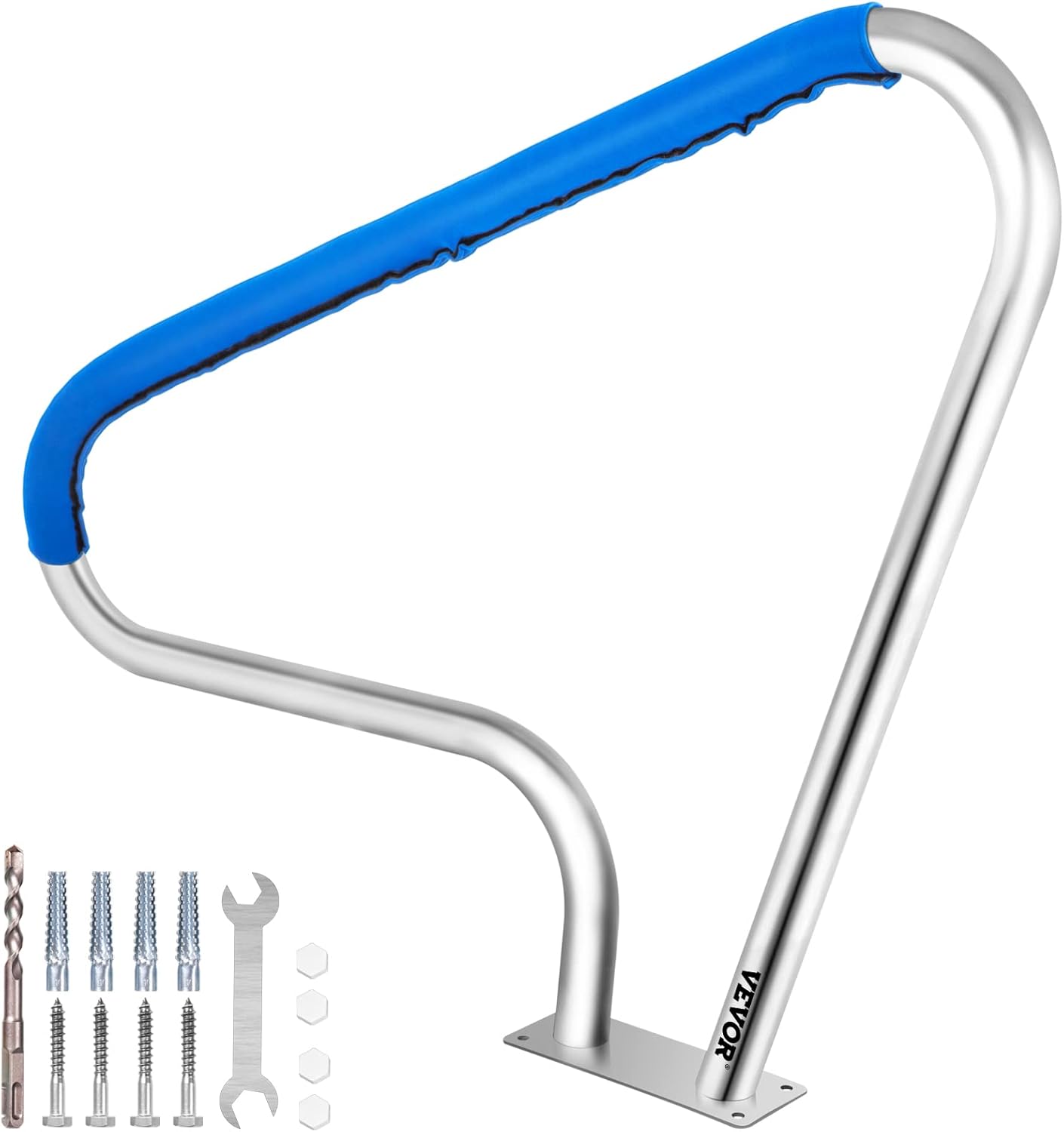 VEVOR Pool Rail 54x36 Pool Railing 304 Stainless Steel 250LBS Load Capacity Silver Rustproof Pool Handrail Humanized Swimming Pool Handrail with Blue Grip Cover & M8 Drill Bit & Self-Taping Screws