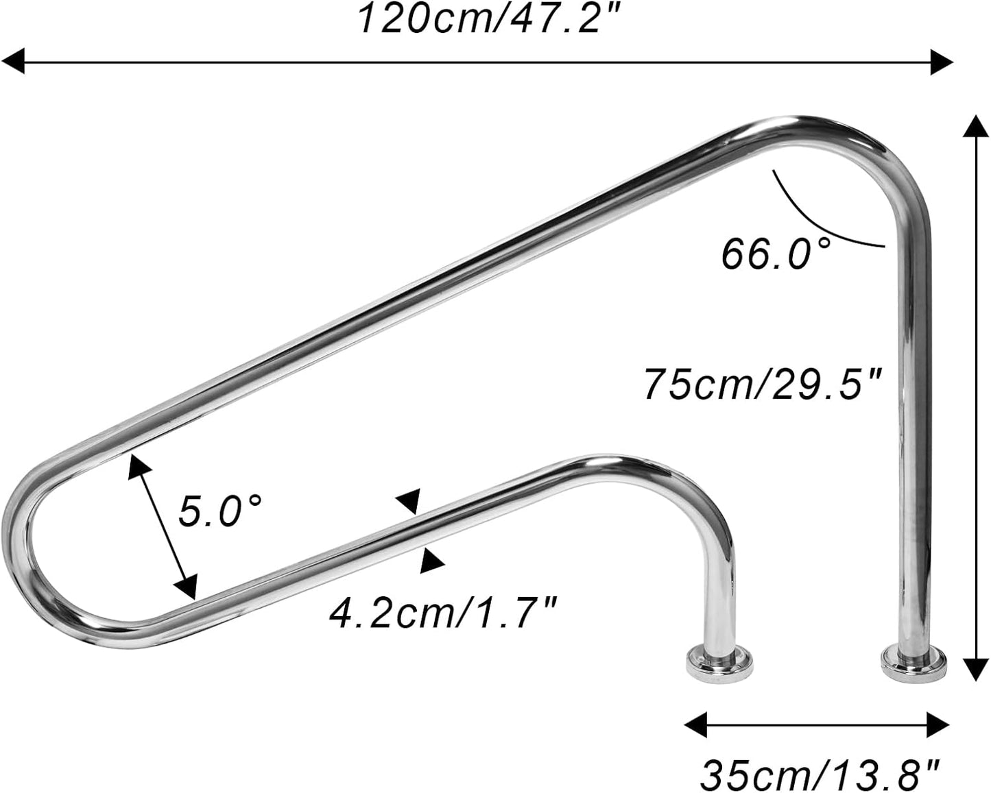 Pool Handrail 47x 30"", Stainless Steel Swimming Pool Hand Rail Pool Stair Rail Above Ground with Base Cover Silver Rustproof Swimming Pool Accessories for Indoor/Outdoor Pools, SP-3002