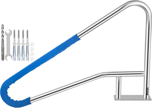 VEVOR Pool Rail 54x36 Pool Railing 304 Stainless Steel 250LBS Load Capacity Silver Rustproof Pool Handrail Humanized Swimming Pool Handrail with Blue Grip Cover & M8 Drill Bit & Self-Taping Screws