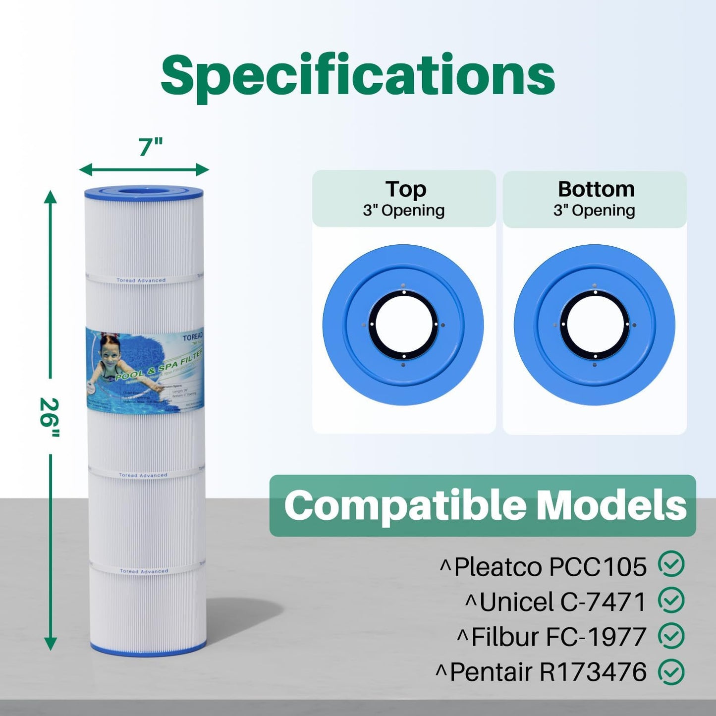 CCP420 Pool Filter Replaces Pentair Clean and Clear Plus 420, PCC105-PAK4, Ultral-A6, Unicel C-7471, R173576, Filbur FC-1977, 817-0106, 178584, 570-0425, 4X105 sq. ft. Cartridge, L x OD: 26"x7"
