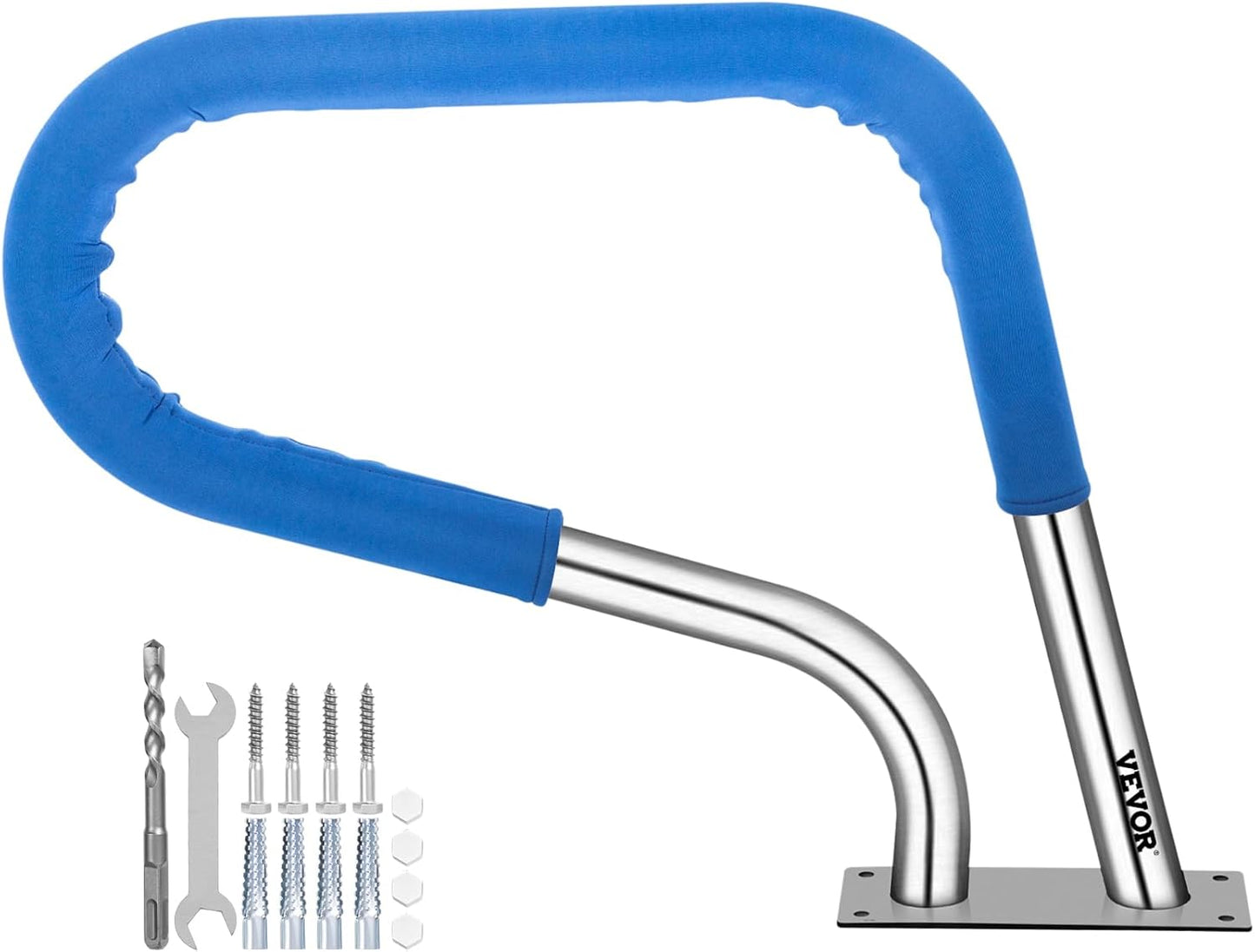 VEVOR Pool Rail 54x36 Pool Railing 304 Stainless Steel 250LBS Load Capacity Silver Rustproof Pool Handrail Humanized Swimming Pool Handrail with Blue Grip Cover & M8 Drill Bit & Self-Taping Screws