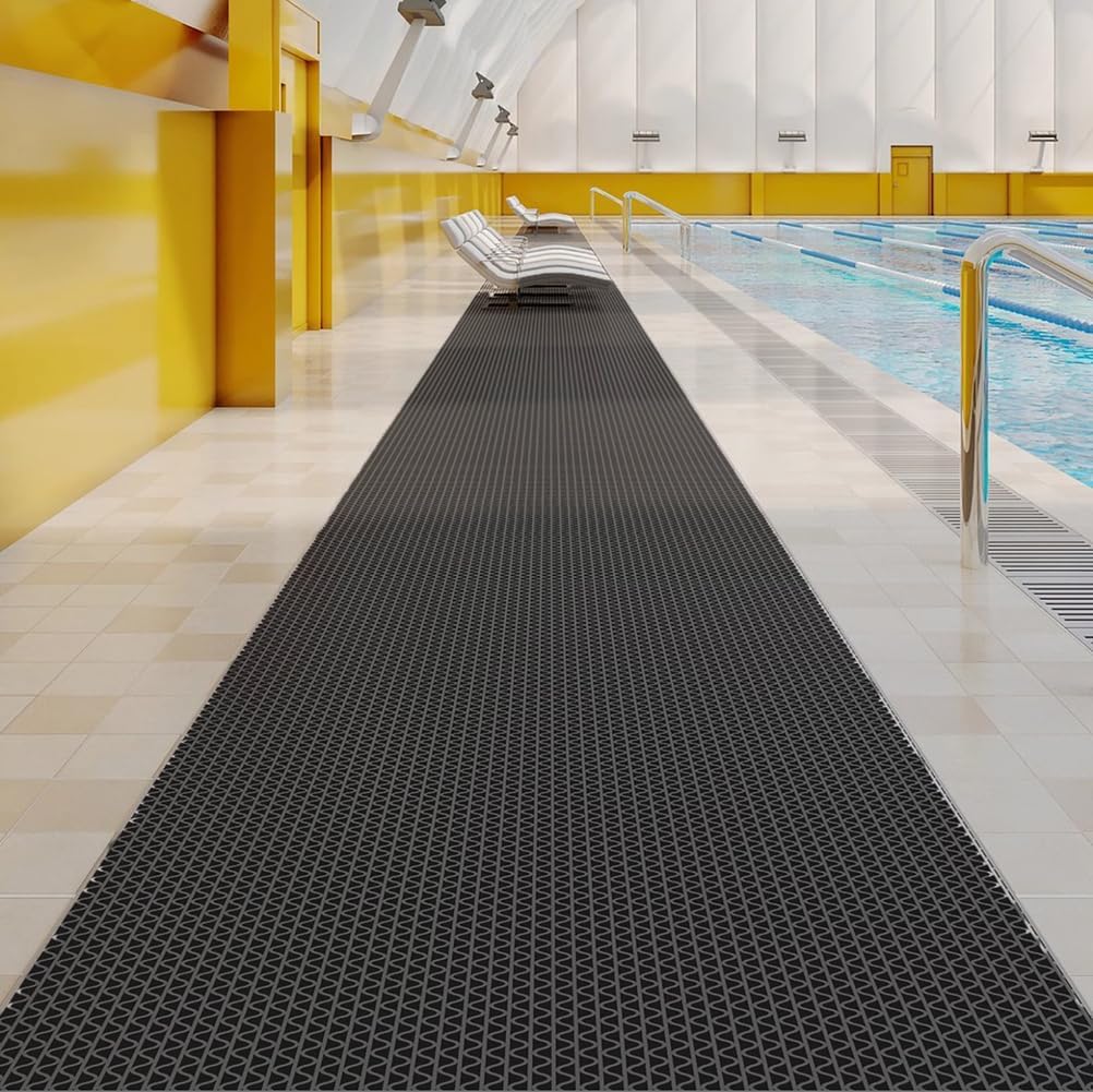 WLWLEO 3 x 20ft Poolside Non Slip Mat Walk Pool Mats for Floor Commercial Large PVC Flooring Mats with Drainage for Bathroom Garage Back Kitchen Pool Decorative Rugs,Black,0.9×6M/3×20ft