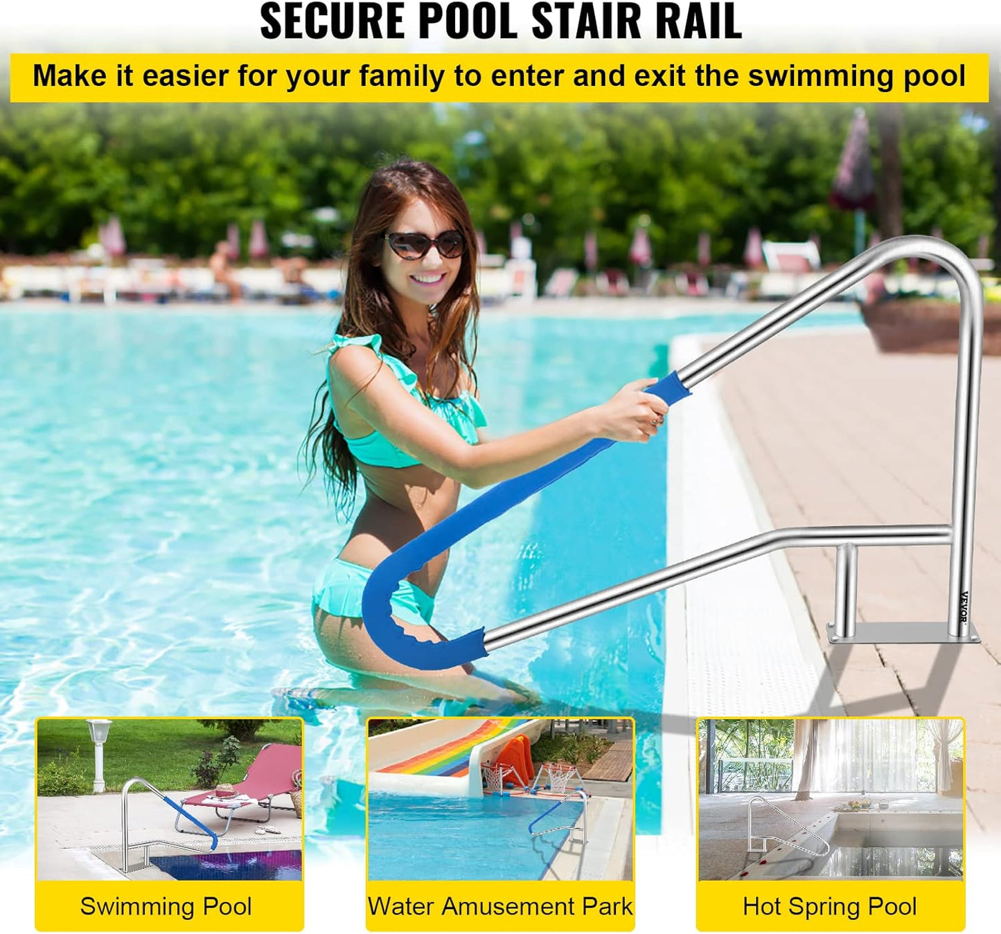 VEVOR Pool Rail 54x36 Pool Railing 304 Stainless Steel 250LBS Load Capacity Silver Rustproof Pool Handrail Humanized Swimming Pool Handrail with Blue Grip Cover & M8 Drill Bit & Self-Taping Screws