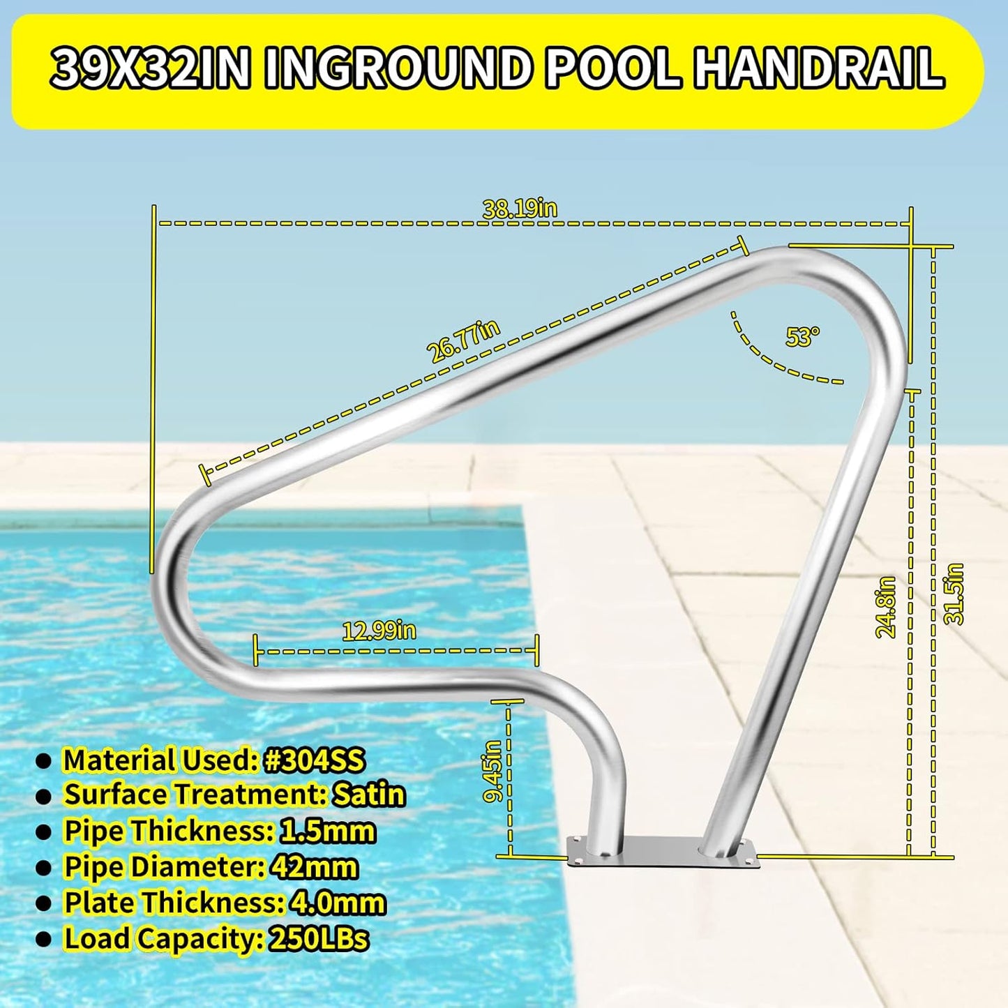 39x32 Inground Pool Rail, #304SS Swimming Pool Stair handrail with no-Slip Cover, mounting Base & Accessories.