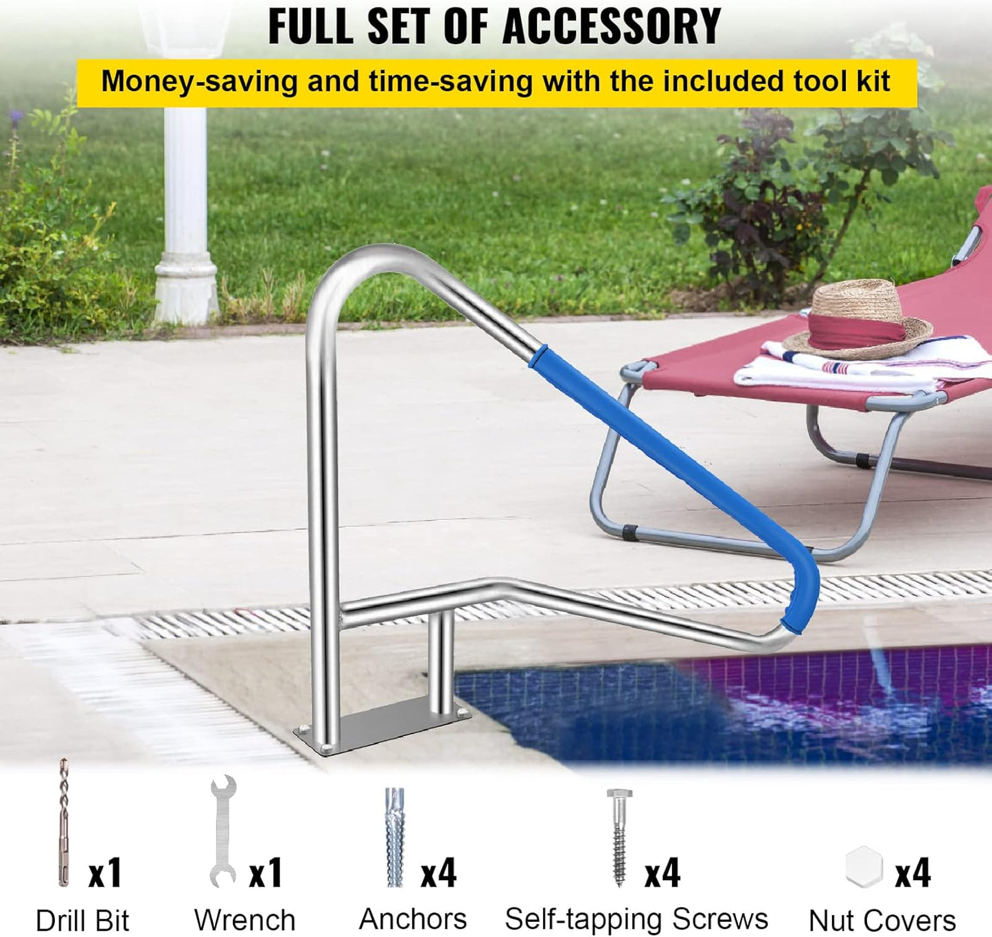 VEVOR Pool Rail 54x36 Pool Railing 304 Stainless Steel 250LBS Load Capacity Silver Rustproof Pool Handrail Humanized Swimming Pool Handrail with Blue Grip Cover & M8 Drill Bit & Self-Taping Screws