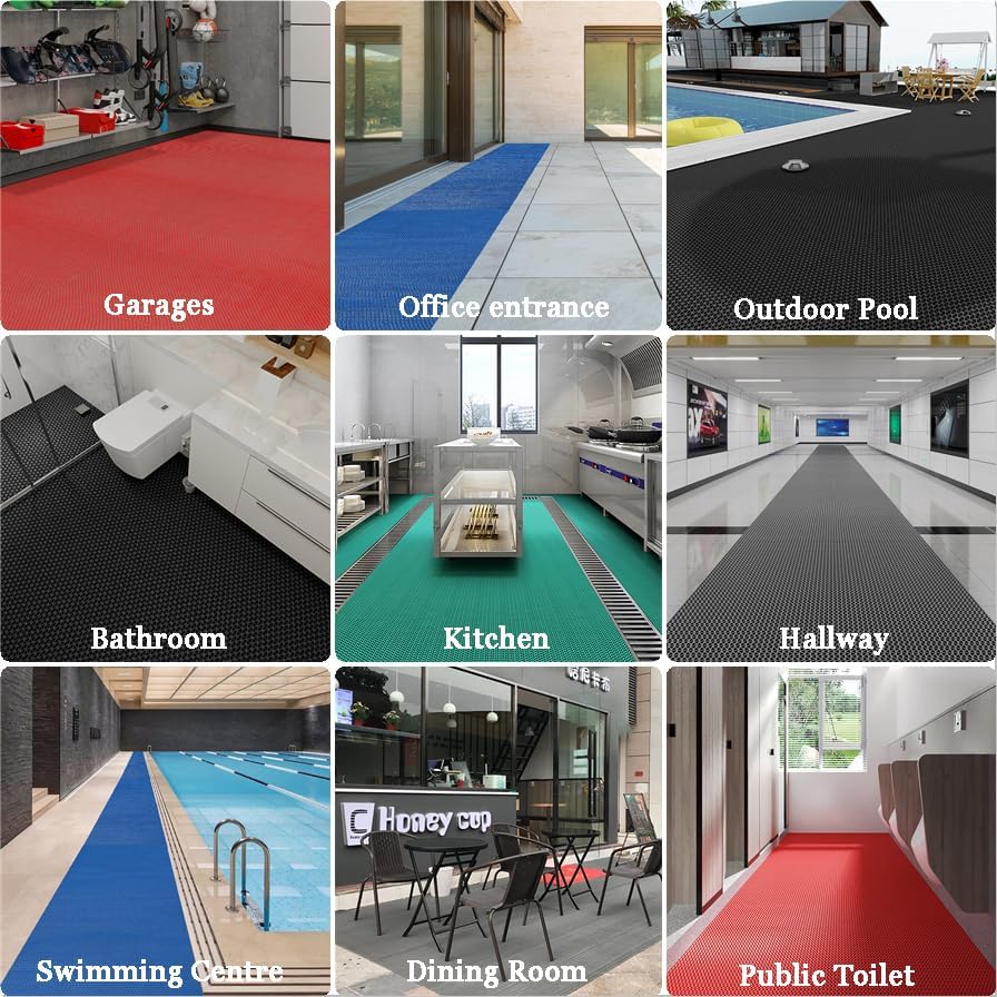 WLWLEO 3 x 20ft Poolside Non Slip Mat Walk Pool Mats for Floor Commercial Large PVC Flooring Mats with Drainage for Bathroom Garage Back Kitchen Pool Decorative Rugs,Black,0.9×6M/3×20ft