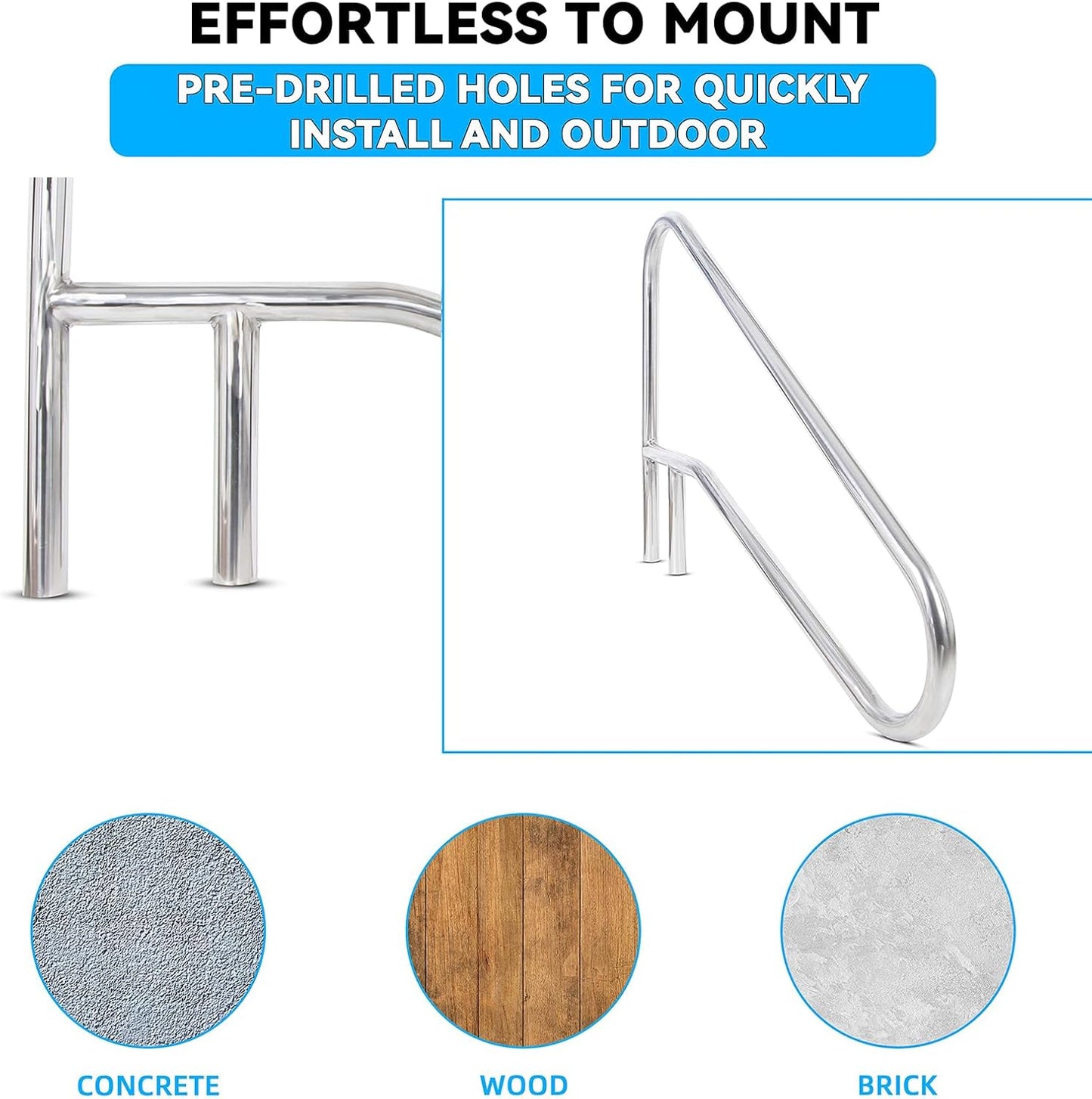 ECOTRIC Pool Handrail Swimming Pool Stair Rail 49-3/8"X35-3/8 304 Stainless Steel Deck Mounted Cross Brace 300Lbs Load Capacity