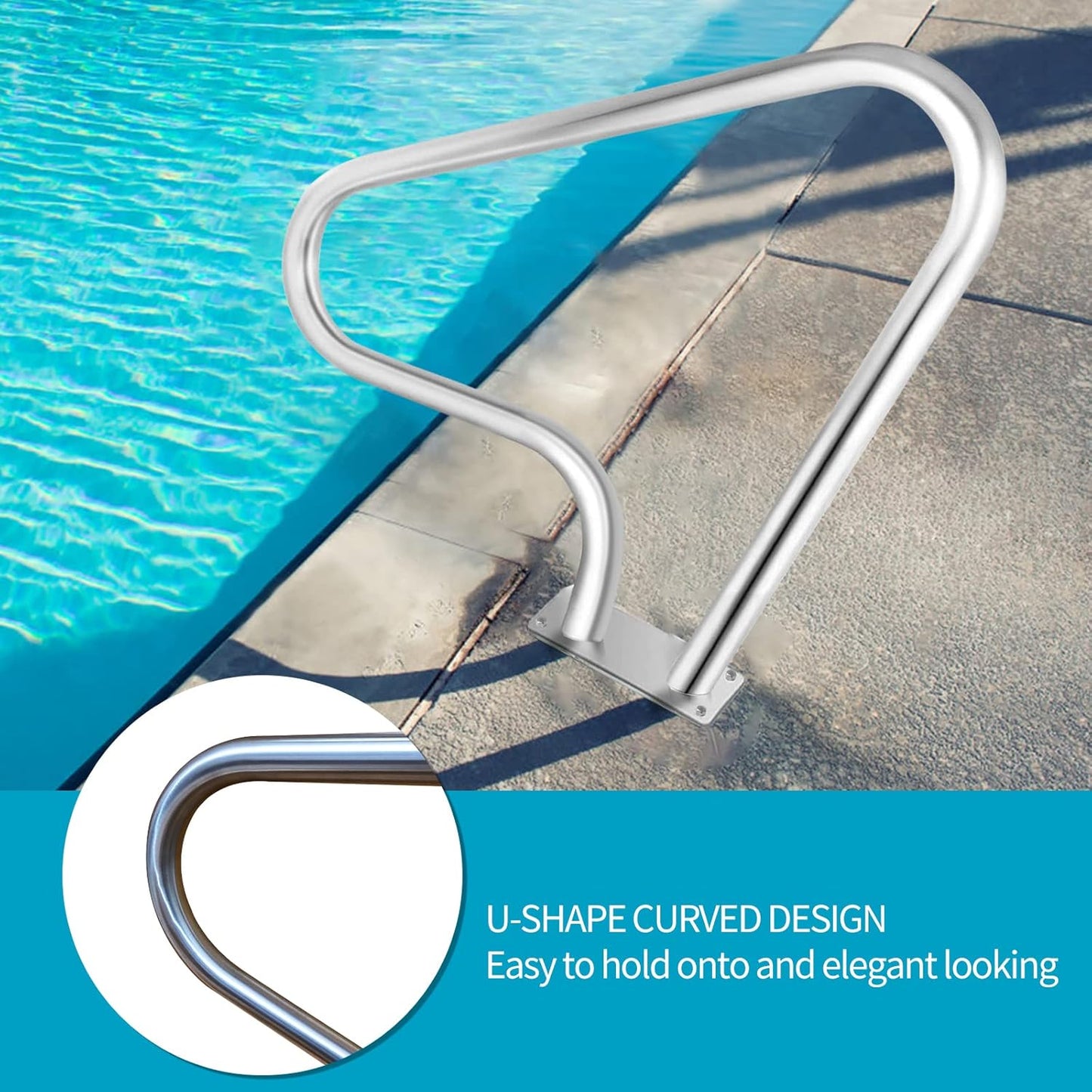 Pool Rail for inground Pools (39x32), 304SS Pool handrail with Nonslip Blue Cover.
