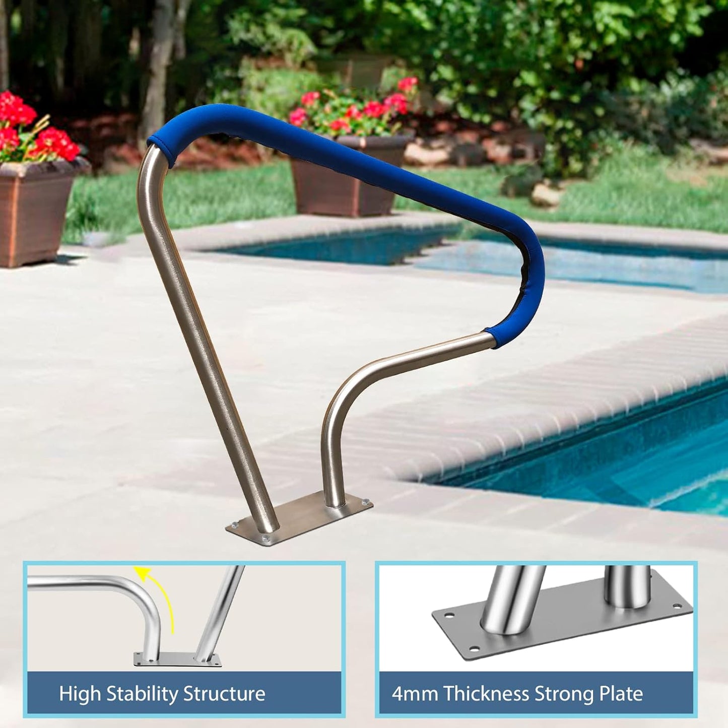 Pool Rail for inground Pools (39x32), 304SS Pool handrail with Nonslip Blue Cover.