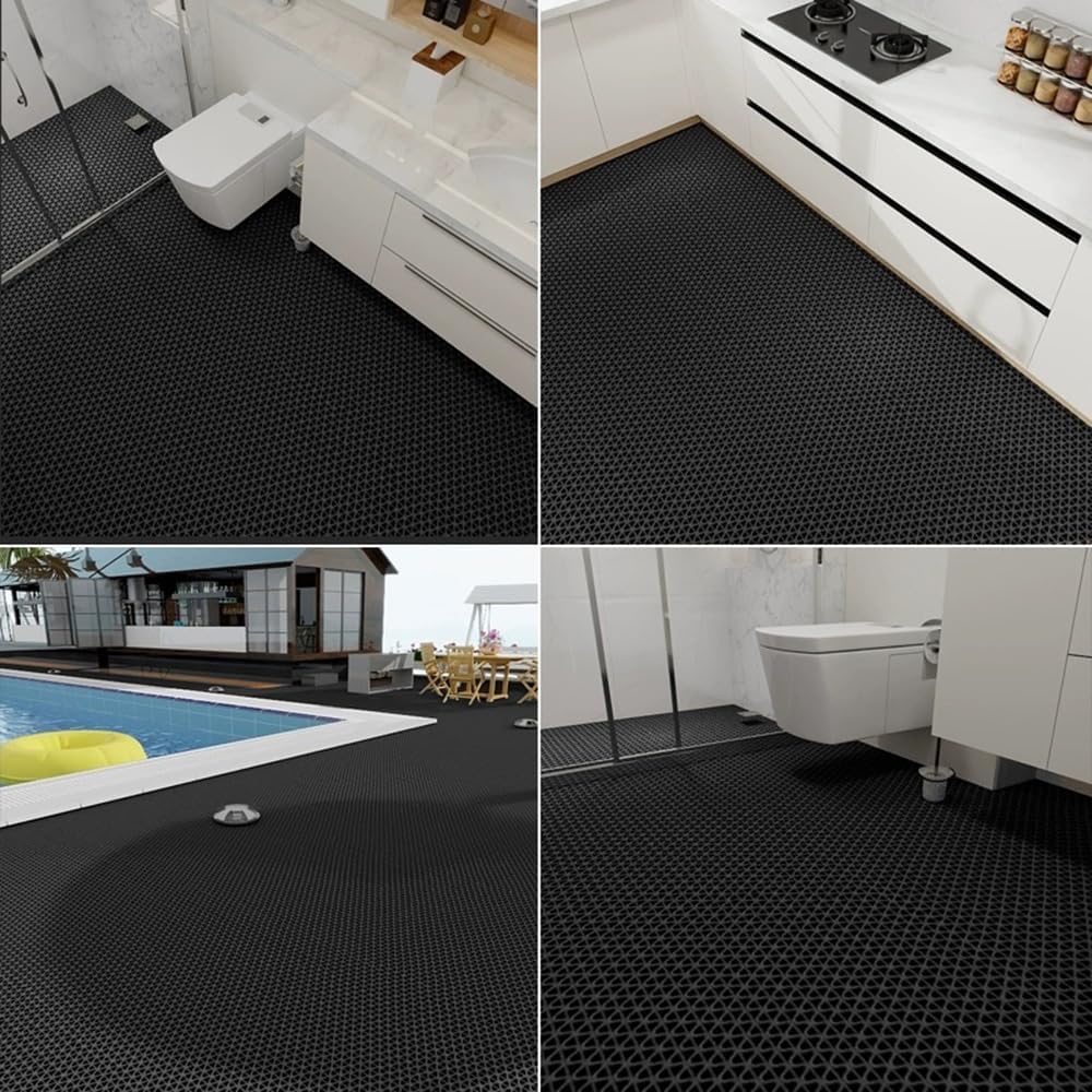 PVC Drainage Floor Mat Non-Slip Commercial Wet Area Mat for Outdoor and Indoor Restaurant Kitchen Bar Swimming Pool Splash Matting Water Drain Flooring Mat (Black, 3FTX10FT)
