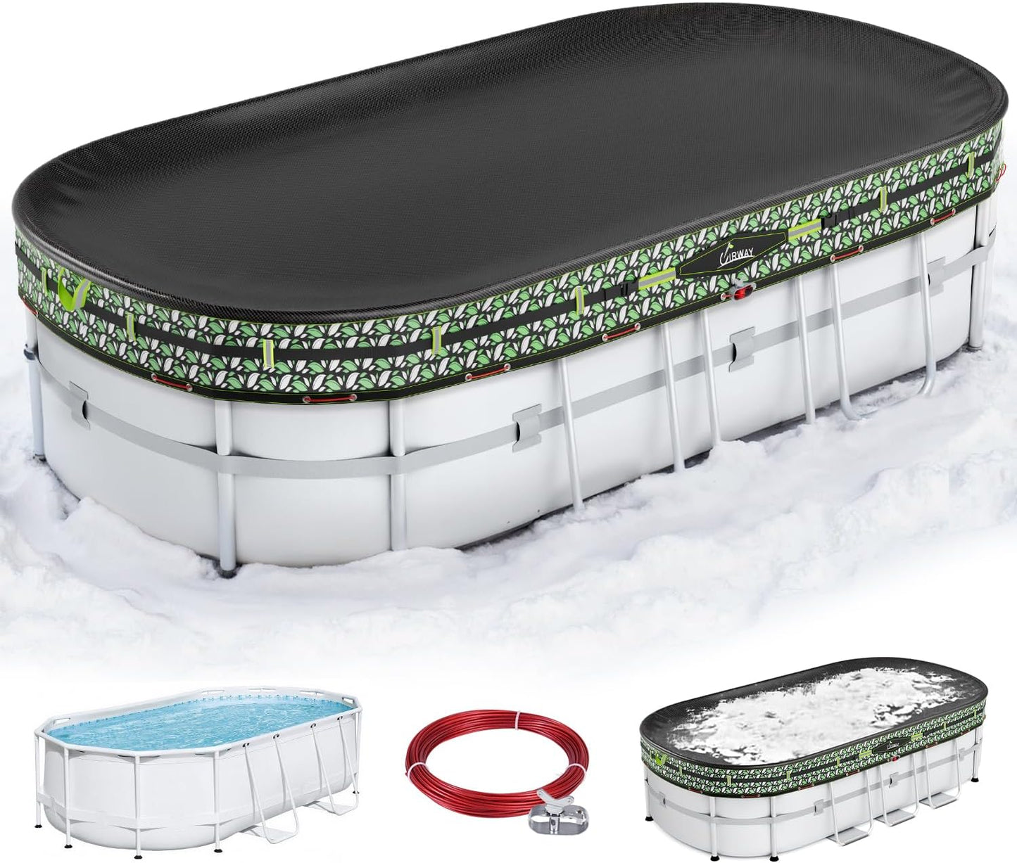 UIRWAY 14 Ft Round Winter Pool Cover with Reflective Strips, Swimming Pool Cover for Above Ground Pools, Solar Cover Including Rope Tie and Luminous Ground Nails, PU Tarp Snug Fit for UV Protected