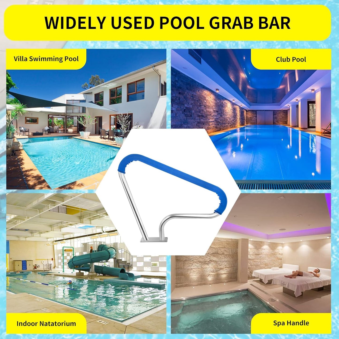 39x32 Inground Pool Rail, #304SS Swimming Pool Stair handrail with no-Slip Cover, mounting Base & Accessories.