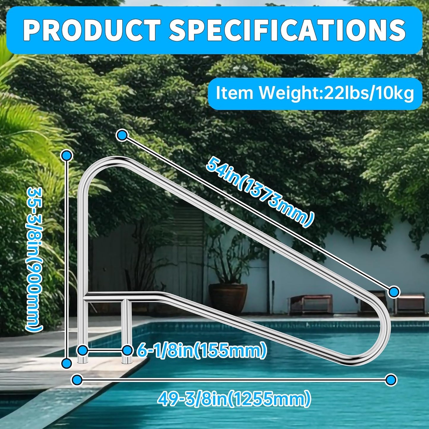 ECOTRIC Pool Handrail Swimming Pool Stair Rail 49-3/8"X35-3/8 304 Stainless Steel Deck Mounted Cross Brace 300Lbs Load Capacity