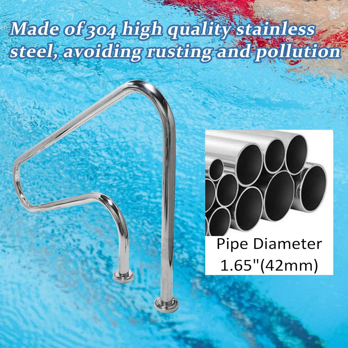 Pool Handrail 47x 30"", Stainless Steel Swimming Pool Hand Rail Pool Stair Rail Above Ground with Base Cover Silver Rustproof Swimming Pool Accessories for Indoor/Outdoor Pools, SP-3002