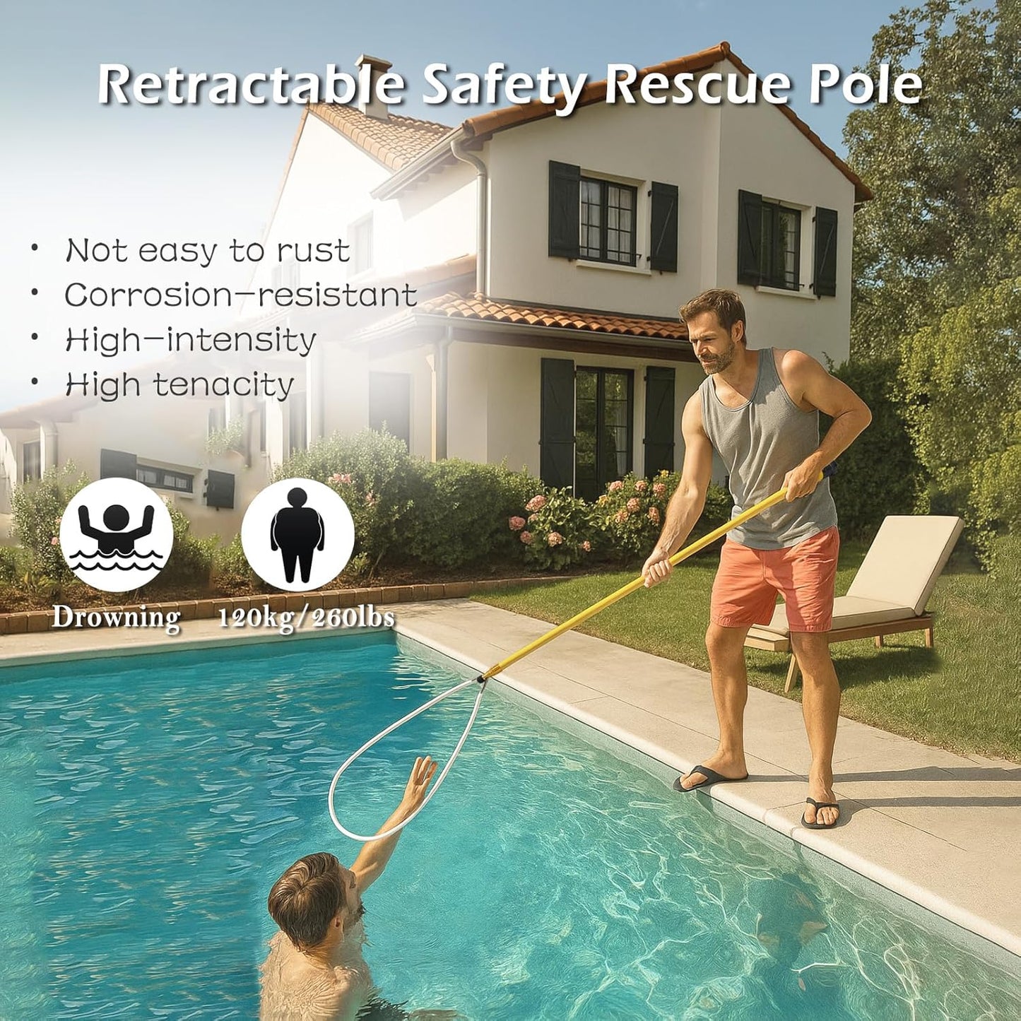 Pool Rescue Hook, Heavy Duty Adjustable Telescoping Rescue Safety Hook, Pool Safety Hook with Pole for Swimming Pool Cleaning, Lifesaving and Water Rescue, Pool Skimmer, Brush, and Net Pole