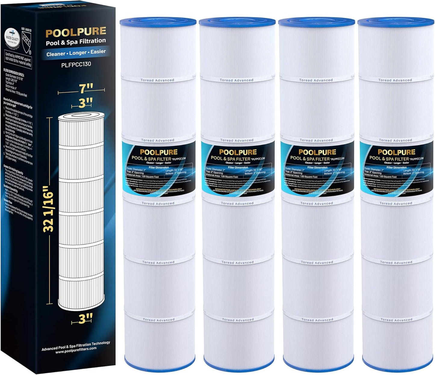 POOLPURE PLFPCC130 Pool Filter Replaces Pentair CCP520, R173578, PCC130, Ultral-A7, Unicel C-7472, Filbur FC-1978, FC-6475, Pentair Clean and Clear Plus 520, 817-0131, 178585, L x OD: 32 1/16"x7"