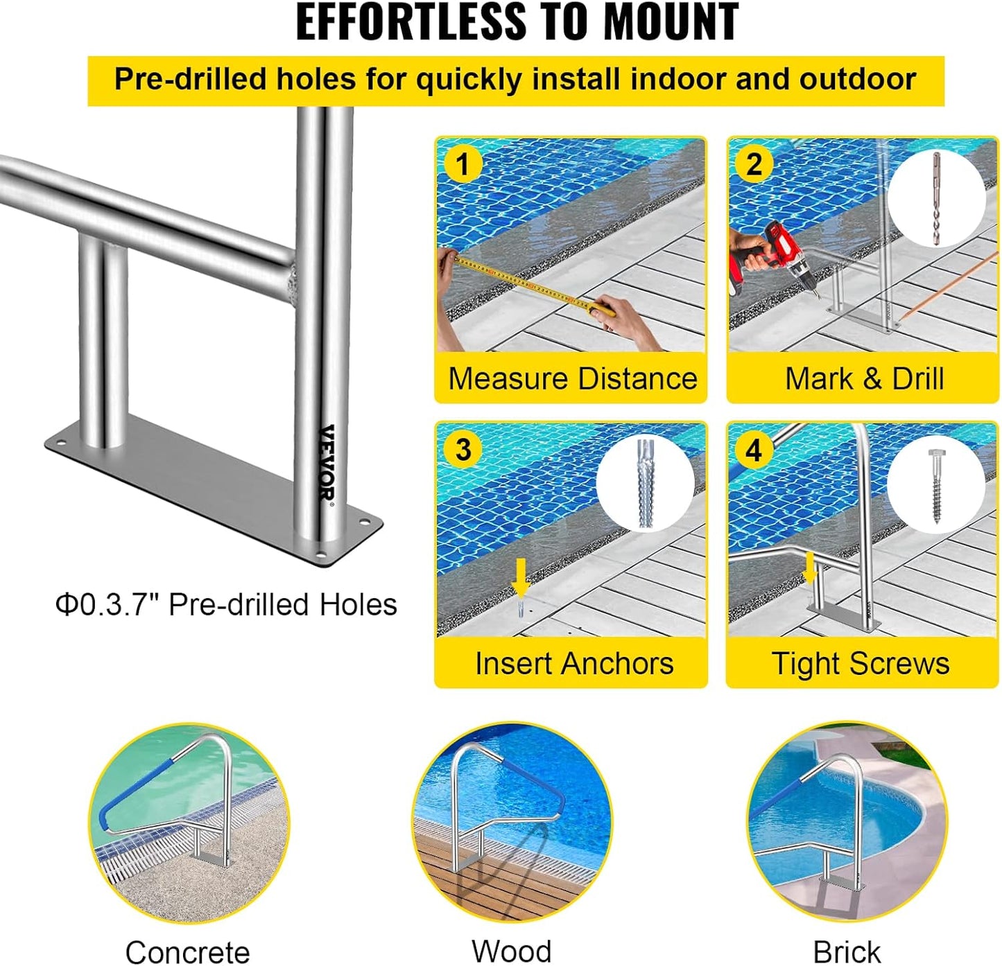 VEVOR Pool Rail 54x36 Pool Railing 304 Stainless Steel 250LBS Load Capacity Silver Rustproof Pool Handrail Humanized Swimming Pool Handrail with Blue Grip Cover & M8 Drill Bit & Self-Taping Screws