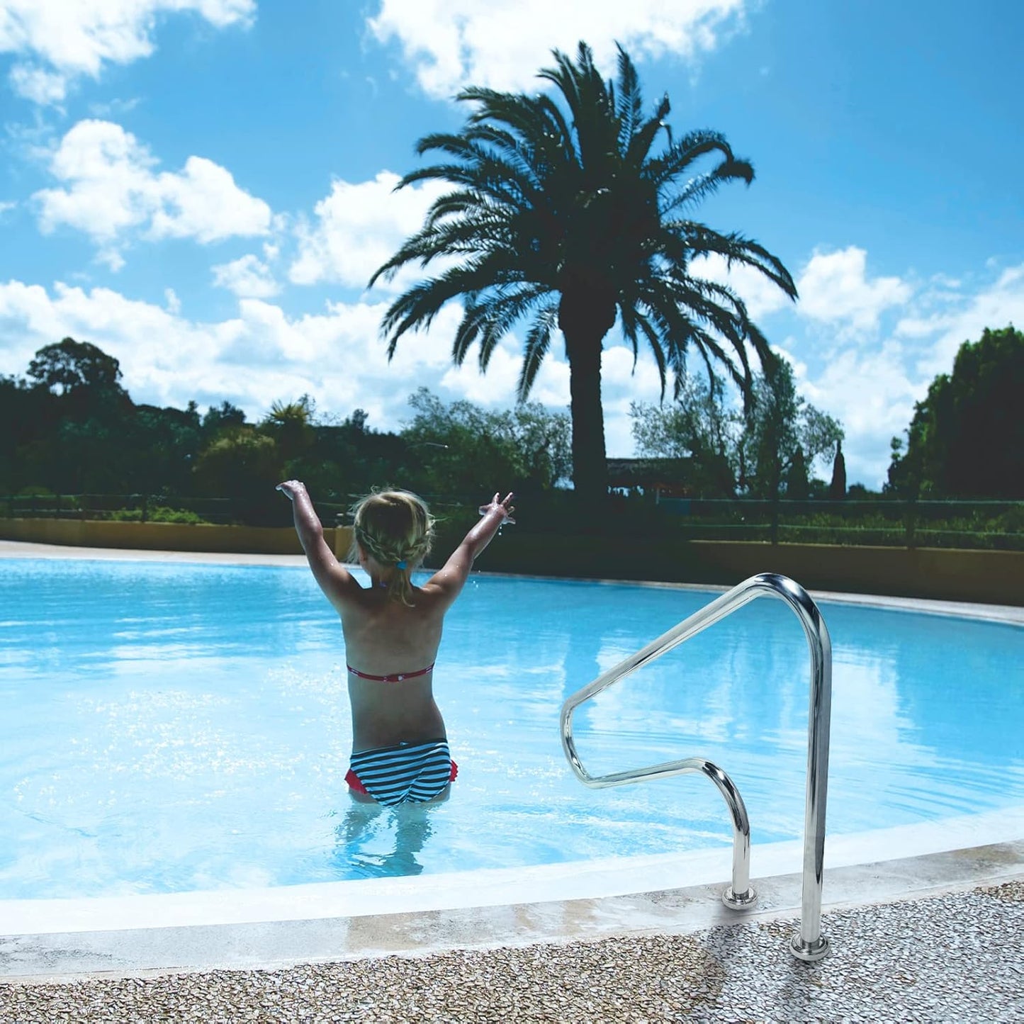 Pool Handrail 47x 30"", Stainless Steel Swimming Pool Hand Rail Pool Stair Rail Above Ground with Base Cover Silver Rustproof Swimming Pool Accessories for Indoor/Outdoor Pools, SP-3002