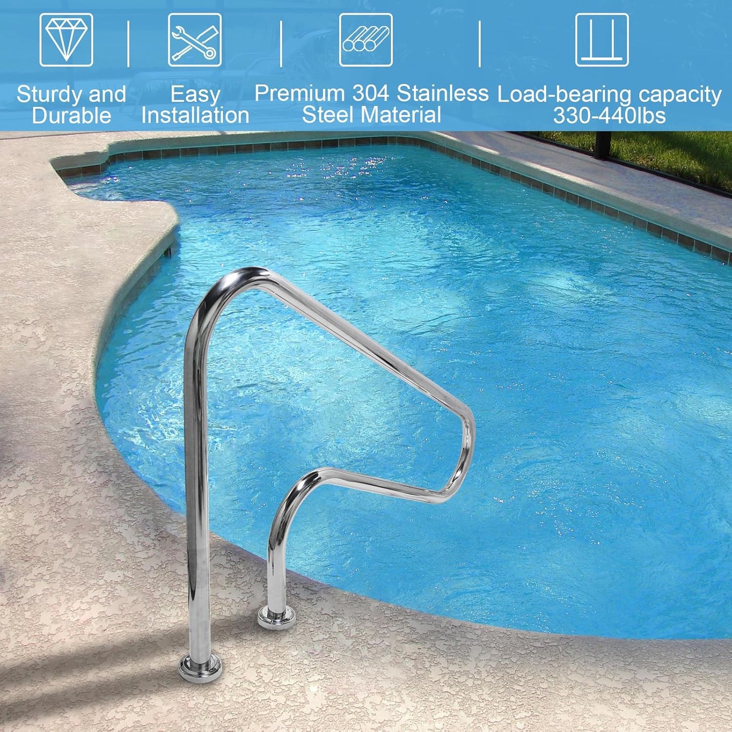 Pool Handrail 47x 30"", Stainless Steel Swimming Pool Hand Rail Pool Stair Rail Above Ground with Base Cover Silver Rustproof Swimming Pool Accessories for Indoor/Outdoor Pools, SP-3002
