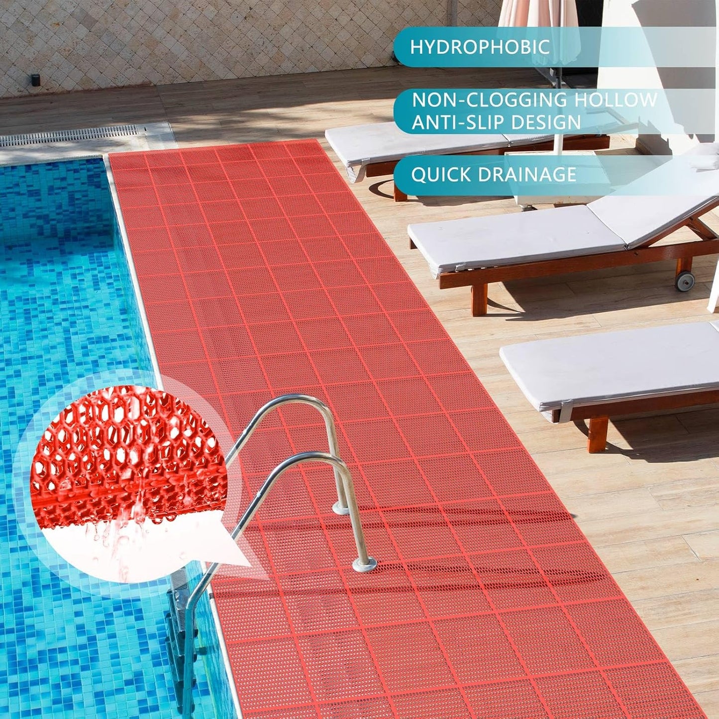Tondiamo Drainage Pool Flooring Mats Swimming Pool Non Slip Mat PVC Splash Matting Mesh Hollow Doormat Roll for Outdoor Indoor Patio Restaurant Garage Kitchen Bathroom Bars(3 x 10 ft,Red)