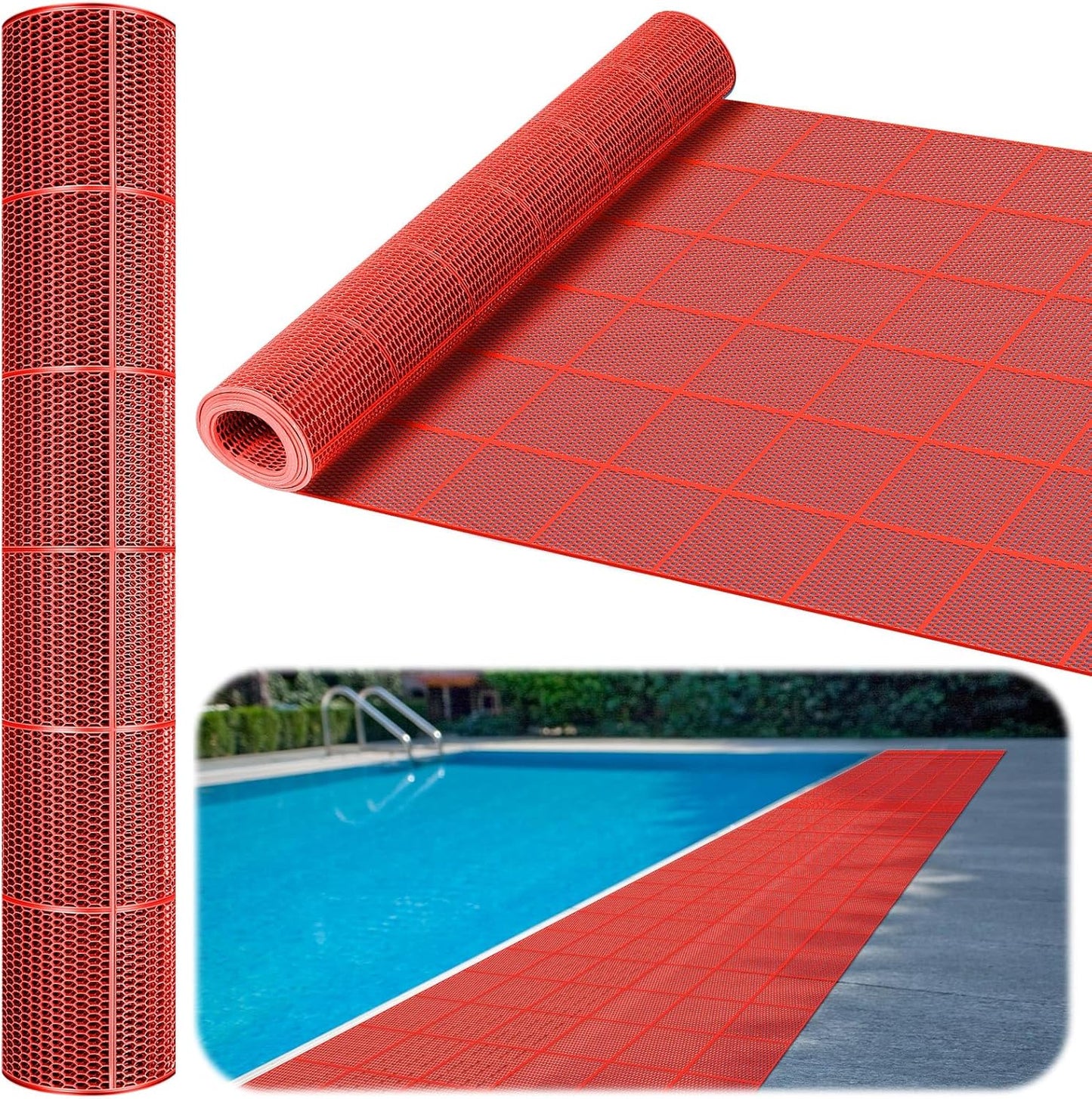 Tondiamo Drainage Pool Flooring Mats Swimming Pool Non Slip Mat PVC Splash Matting Mesh Hollow Doormat Roll for Outdoor Indoor Patio Restaurant Garage Kitchen Bathroom Bars(3 x 10 ft,Red)