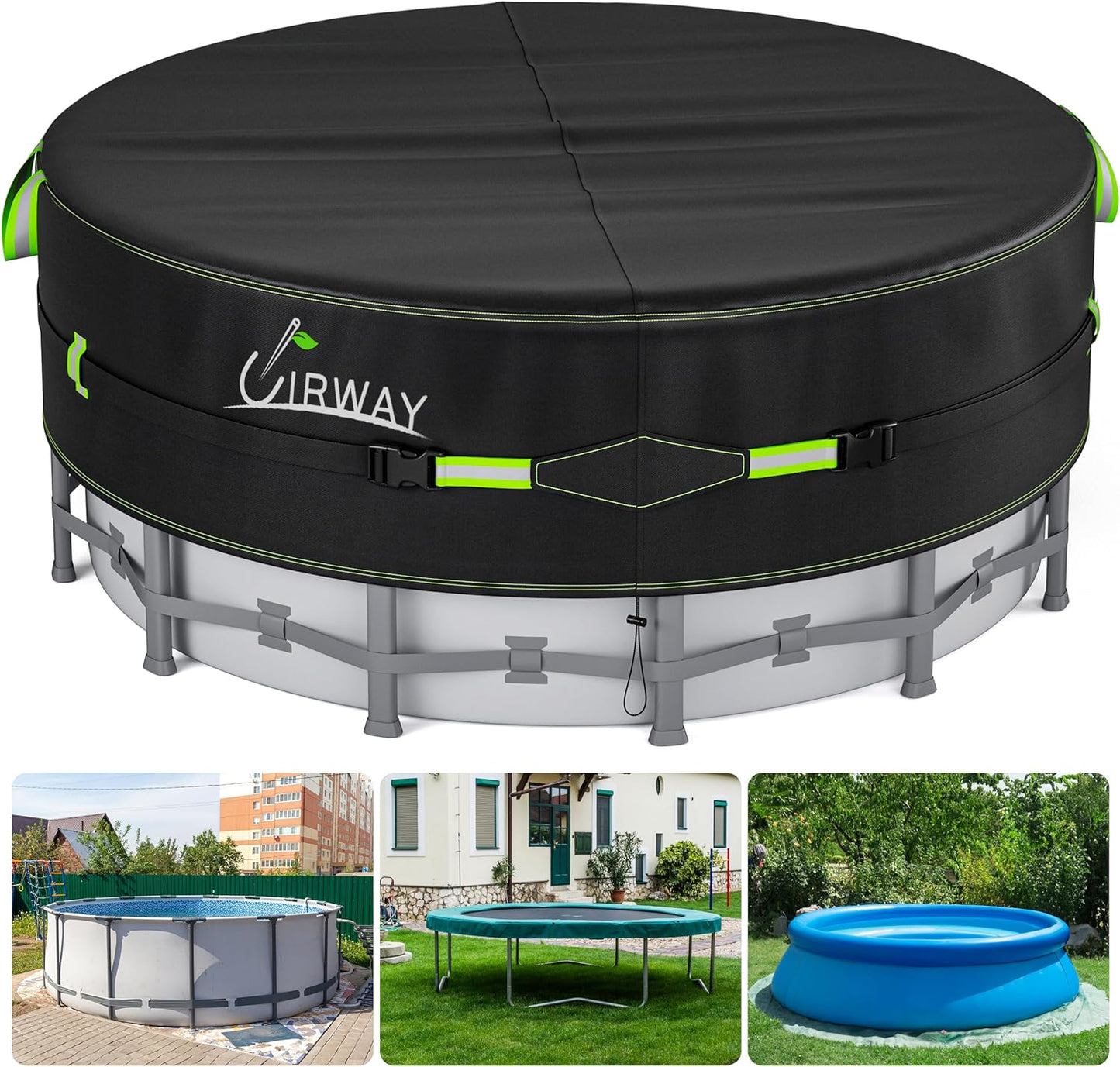 UIRWAY 14 Ft Round Winter Pool Cover with Reflective Strips, Swimming Pool Cover for Above Ground Pools, Solar Cover Including Rope Tie and Luminous Ground Nails, PU Tarp Snug Fit for UV Protected