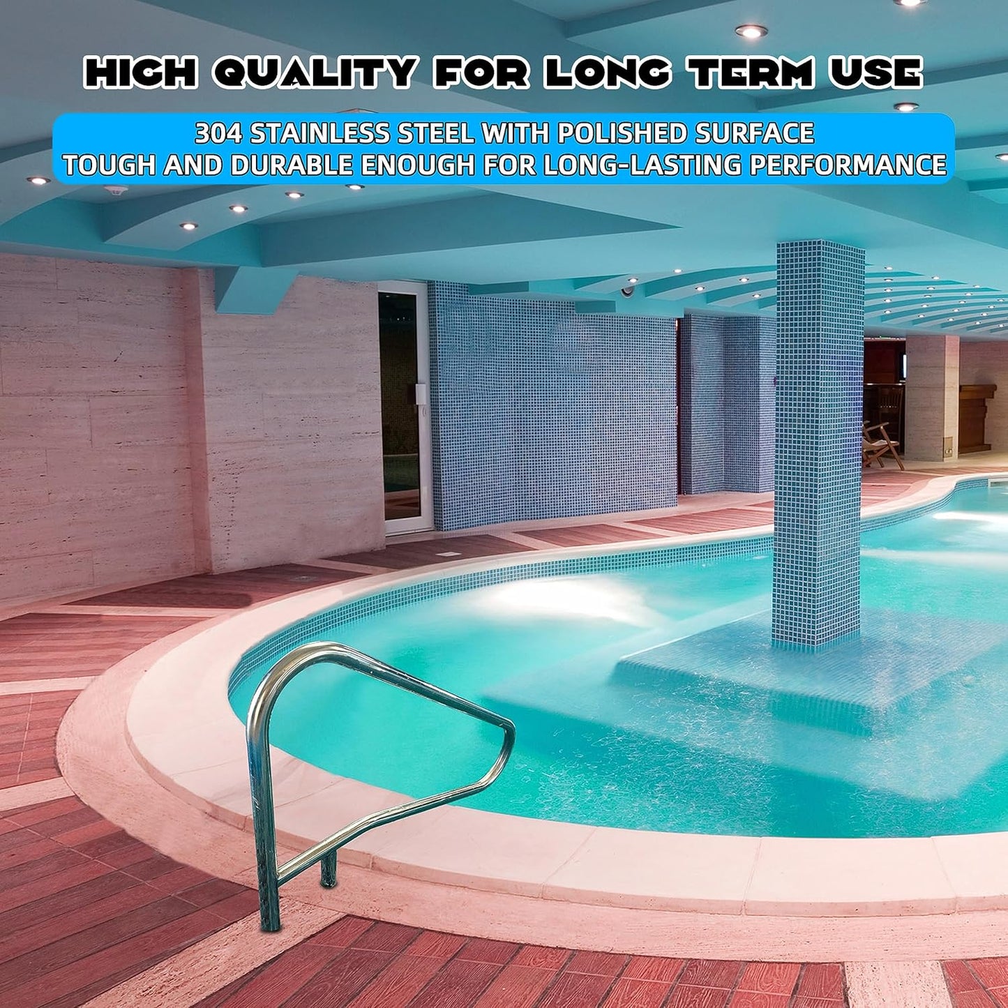 ECOTRIC Pool Handrail Swimming Pool Stair Rail 49-3/8"X35-3/8 304 Stainless Steel Deck Mounted Cross Brace 300Lbs Load Capacity