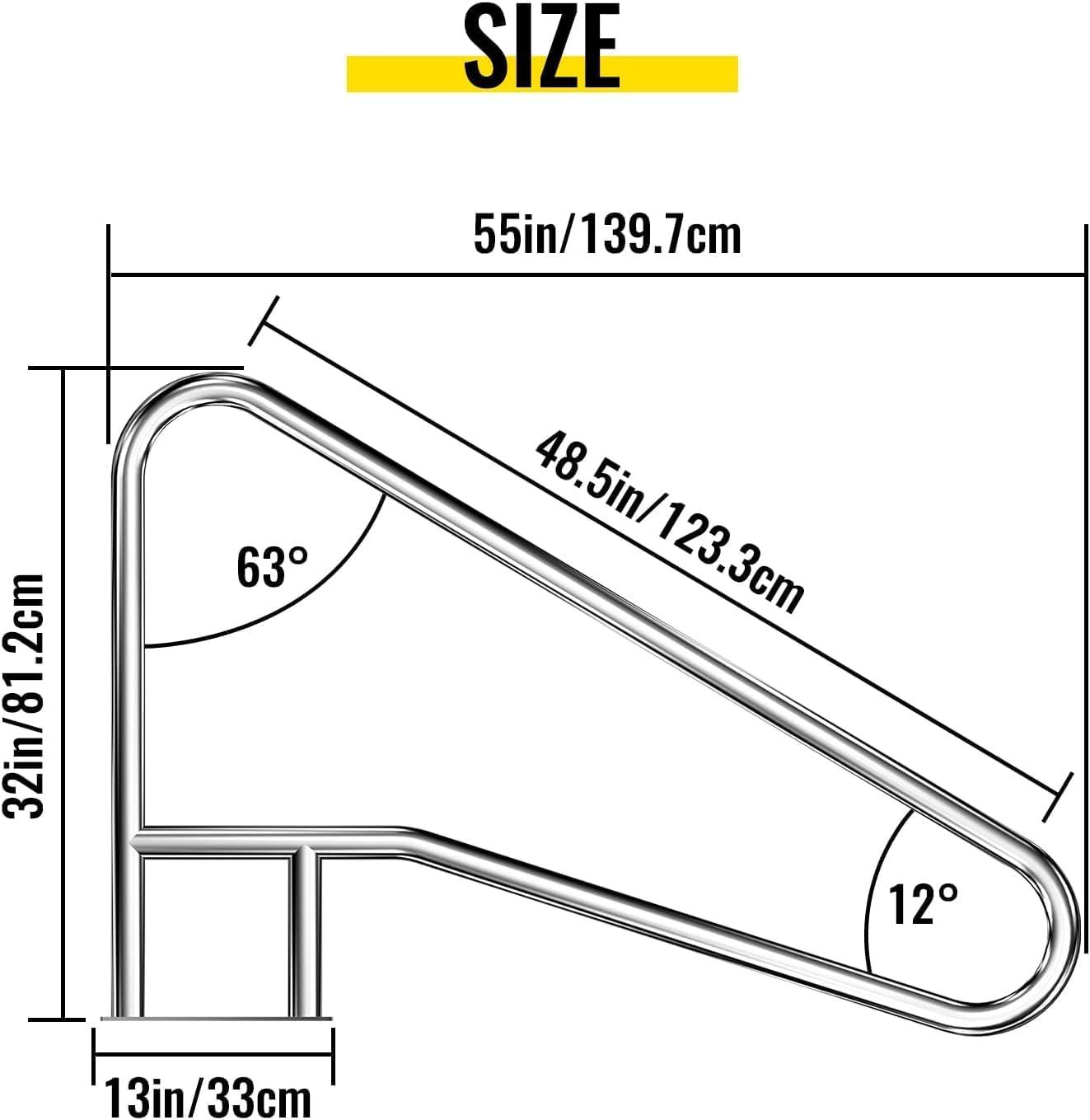 Pool Handrail Swimming 55'' x 32'' Pool Stair Rail Stainless Steel Pool Railing 300Lbs Load Capacity Inground Pool Rails with Grip Cover