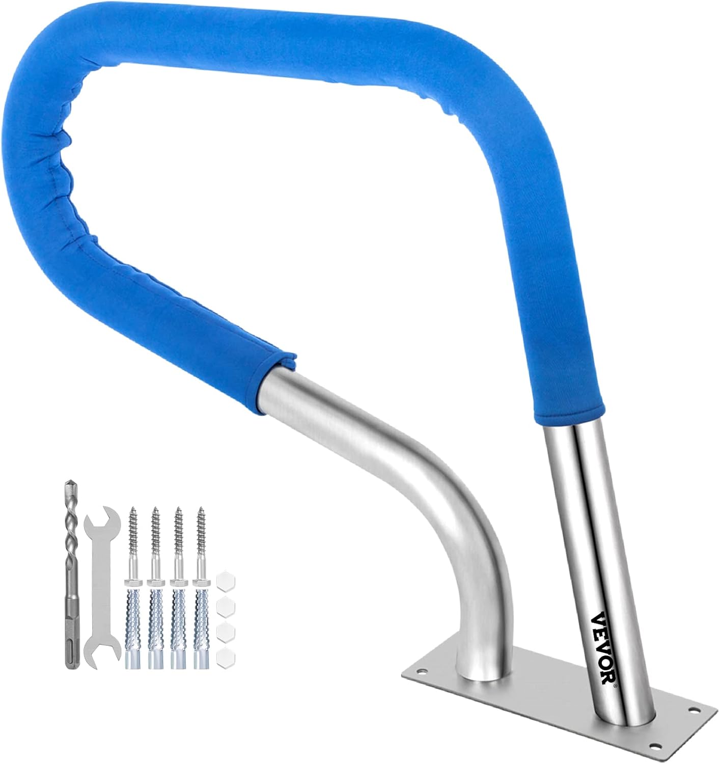 VEVOR Pool Rail 54x36 Pool Railing 304 Stainless Steel 250LBS Load Capacity Silver Rustproof Pool Handrail Humanized Swimming Pool Handrail with Blue Grip Cover & M8 Drill Bit & Self-Taping Screws