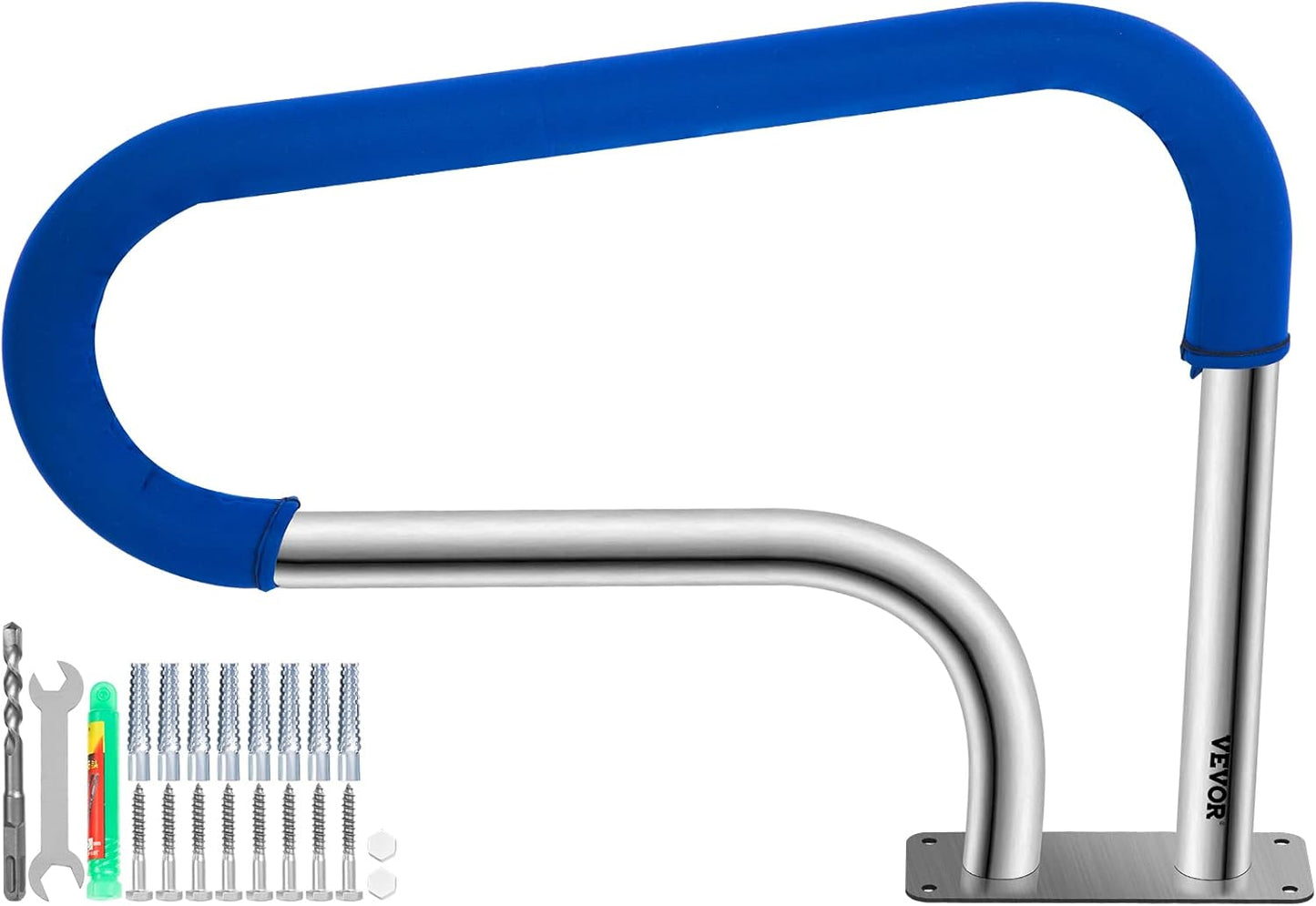 VEVOR Pool Rail 54x36 Pool Railing 304 Stainless Steel 250LBS Load Capacity Silver Rustproof Pool Handrail Humanized Swimming Pool Handrail with Blue Grip Cover & M8 Drill Bit & Self-Taping Screws