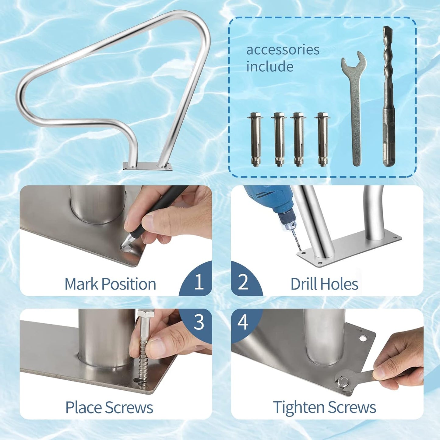 Pool Rail for inground Pools (39x32), 304SS Pool handrail with Nonslip Blue Cover.