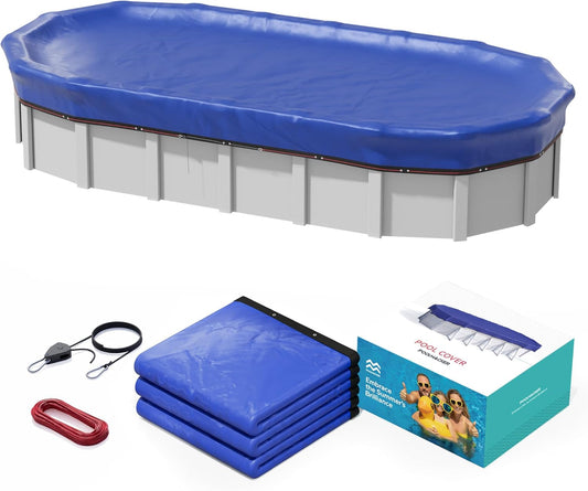 POOLHACKER 12x24 FT Oval Pool Cover – 420D Extra Thick Winter Pool Cover for Above Ground Pools, 4 Ft Overlap with Pulley & Cable, Cold-Resistant, Tear-Resistant & Dustproof