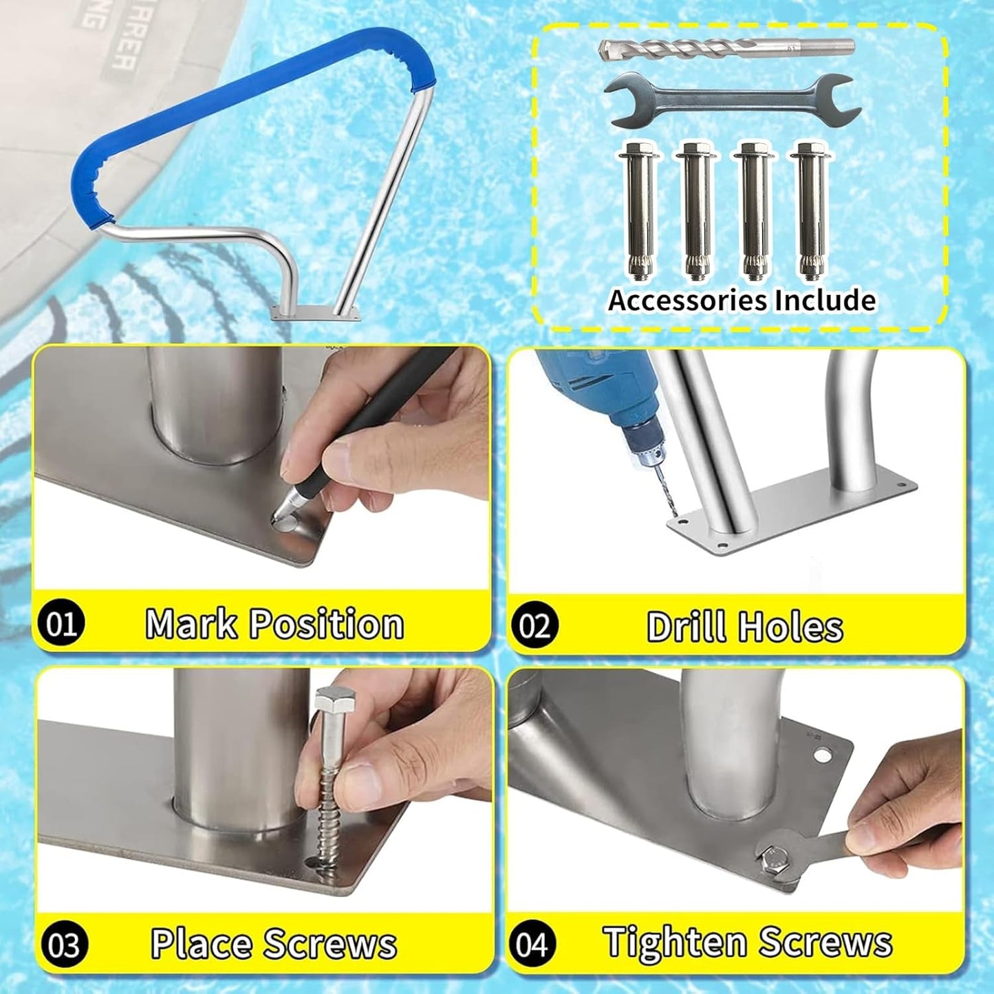 39x32 Inground Pool Rail, #304SS Swimming Pool Stair handrail with no-Slip Cover, mounting Base & Accessories.