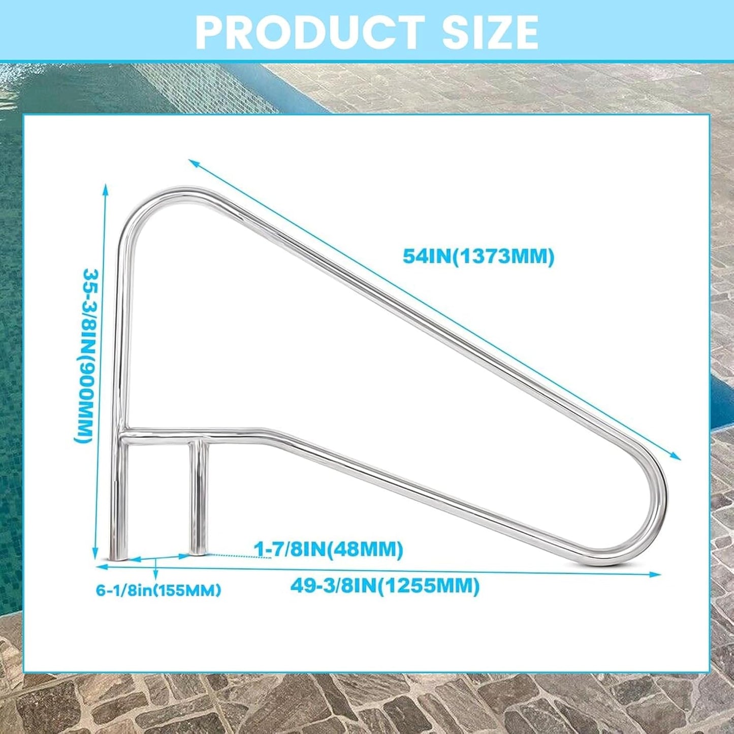 KUAFU Pool Handrail Grab Rail, Swimming Pool Bend Handle Stair Rail for Inground Pool 49.5"X35.5" Stainless Steel 300lbs Load Capacity