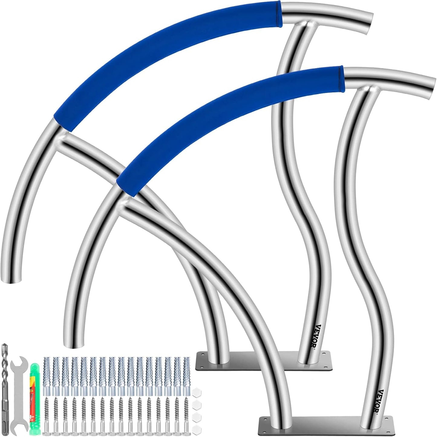 VEVOR Pool Rail 54x36 Pool Railing 304 Stainless Steel 250LBS Load Capacity Silver Rustproof Pool Handrail Humanized Swimming Pool Handrail with Blue Grip Cover & M8 Drill Bit & Self-Taping Screws