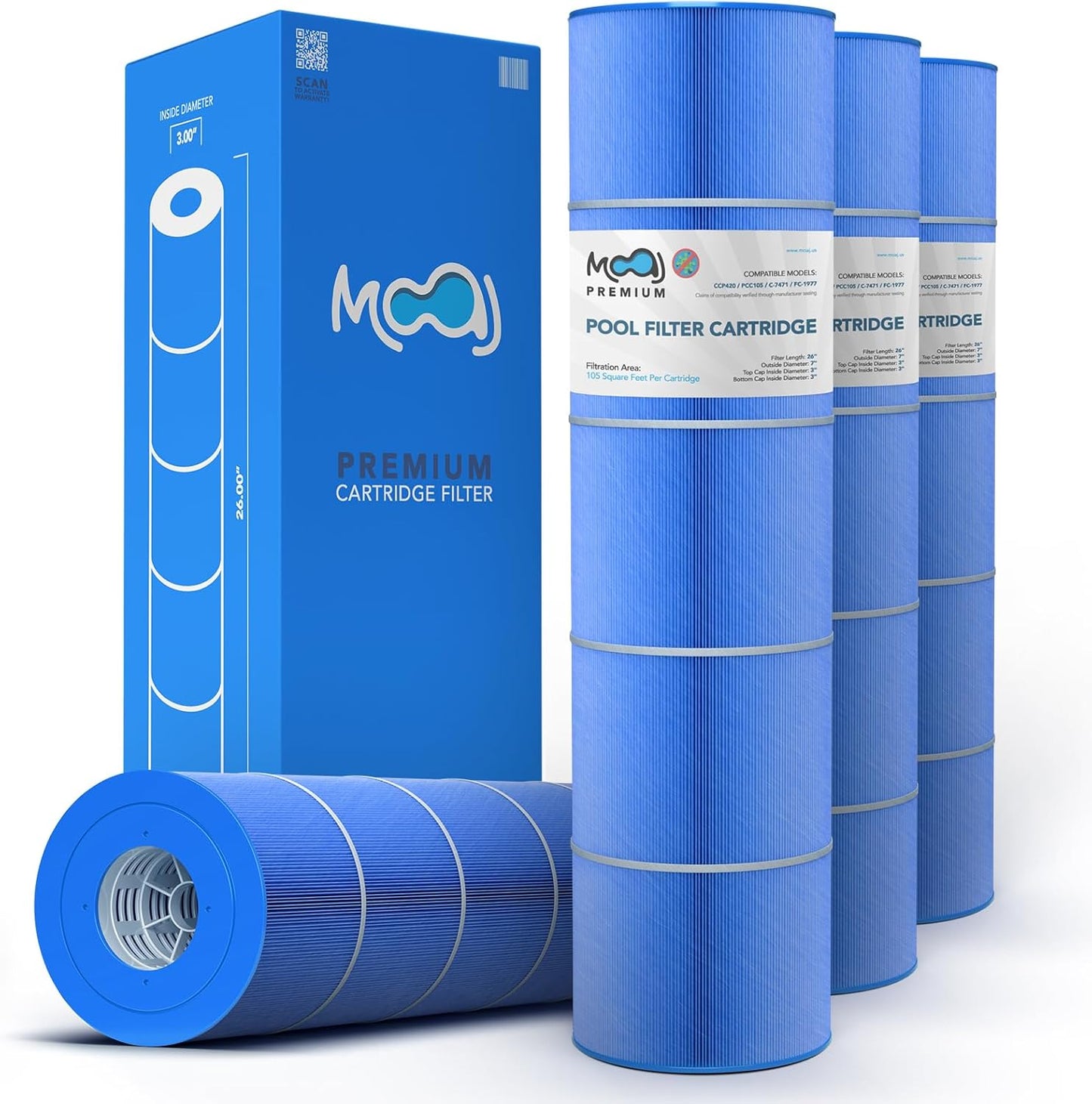 MOAJ Premium Pool Filter 4-PACK Replaces Pentair CCP420, Clean And Clear Plus 420, R173576, PCC105, PCC105-PAK4, Filbur FC-1977, Unicel C-7471, JCQ420, PLESL105 | 26" x 7" | Asepsis-Infused Filtration