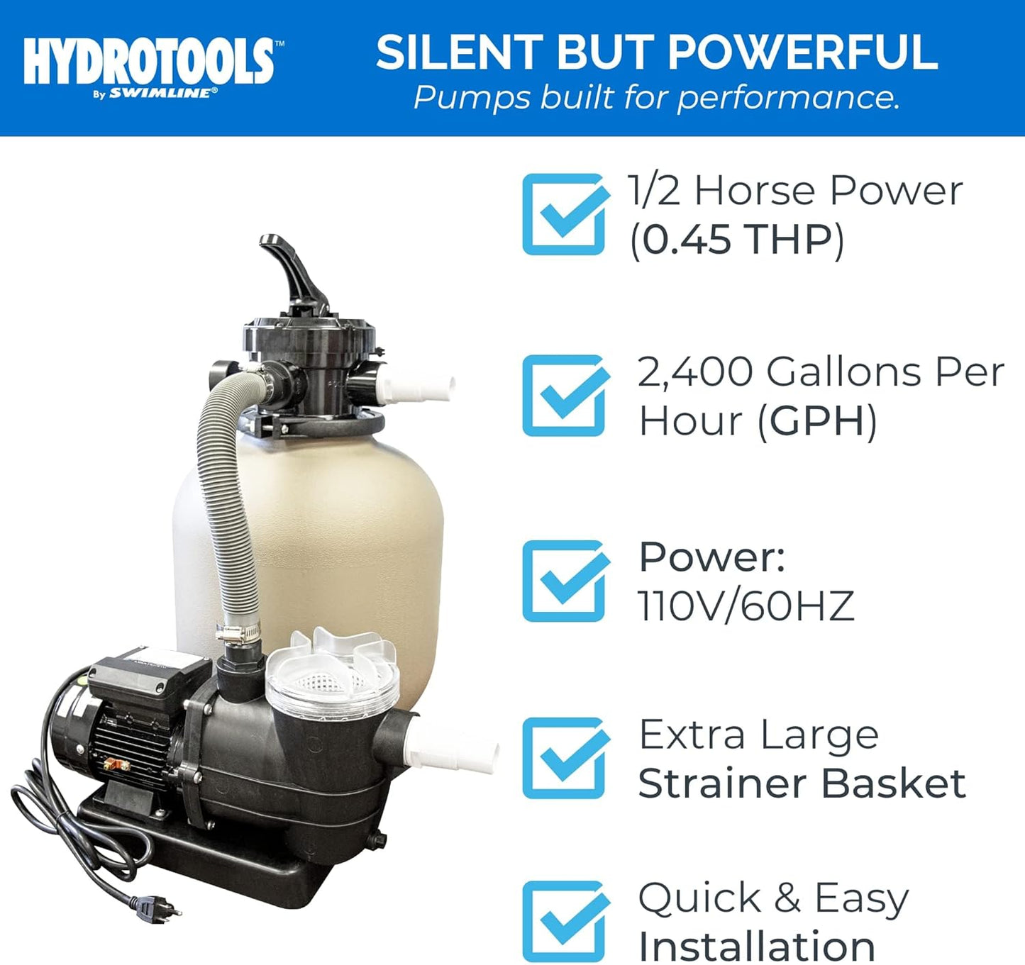 SWIMLINE HYDROTOOLS Complete Sand Filter System, 14" Tank - for Above-Ground & Inground Pools Up to 10,500 Gallons, Single Speed Pump, 0.45 THP, 2,400 GPH, 4-Way Multi-Port Valve, 60 lb Capacity