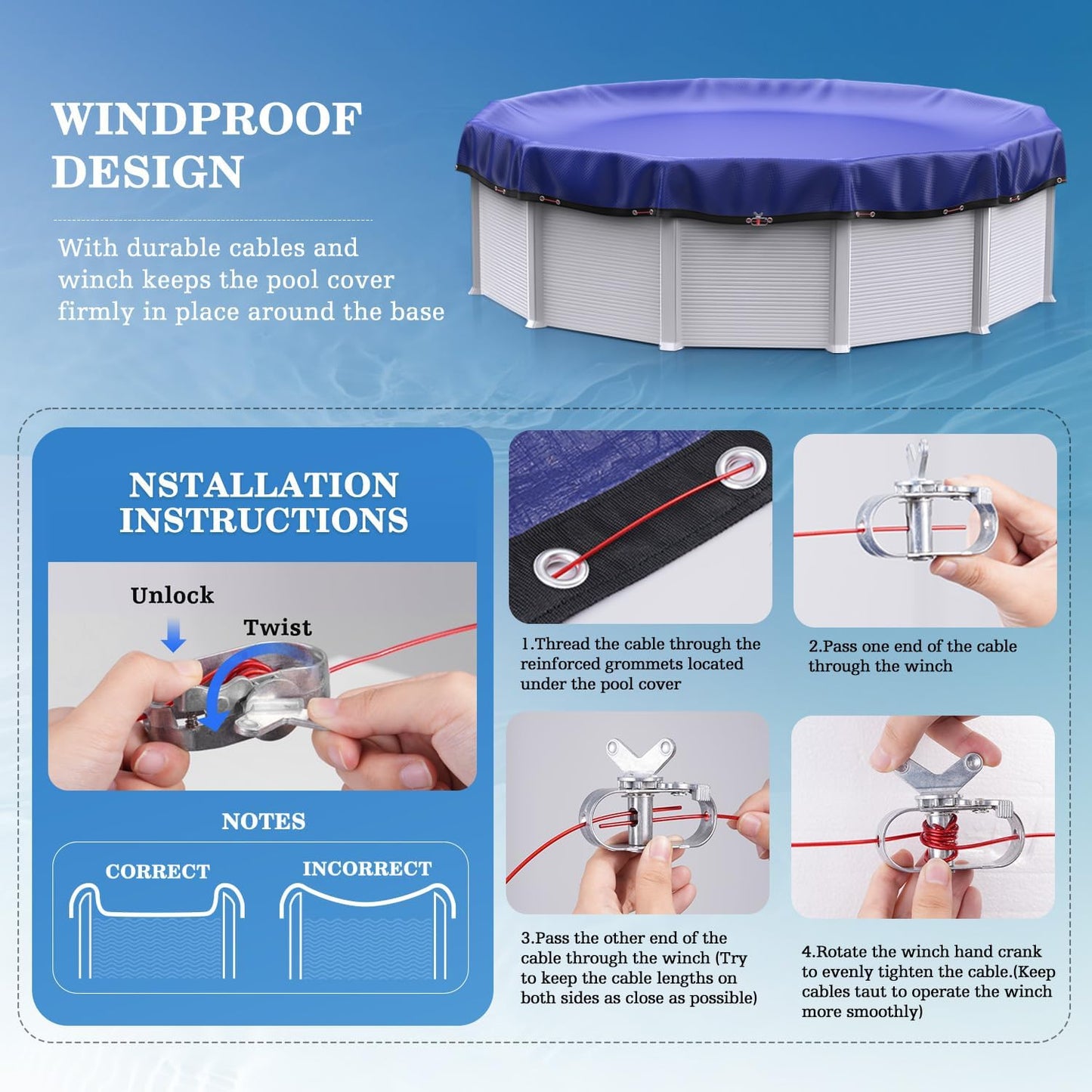 UIRWAY [200GSM Heavy Duty] 15FT Winter Pool Cover 2025 Upgrade Pool Cover for Above Ground Round Pools, UV & Cold Resistant Swimming Pool Cover, Tearproof Tarp with Cable System