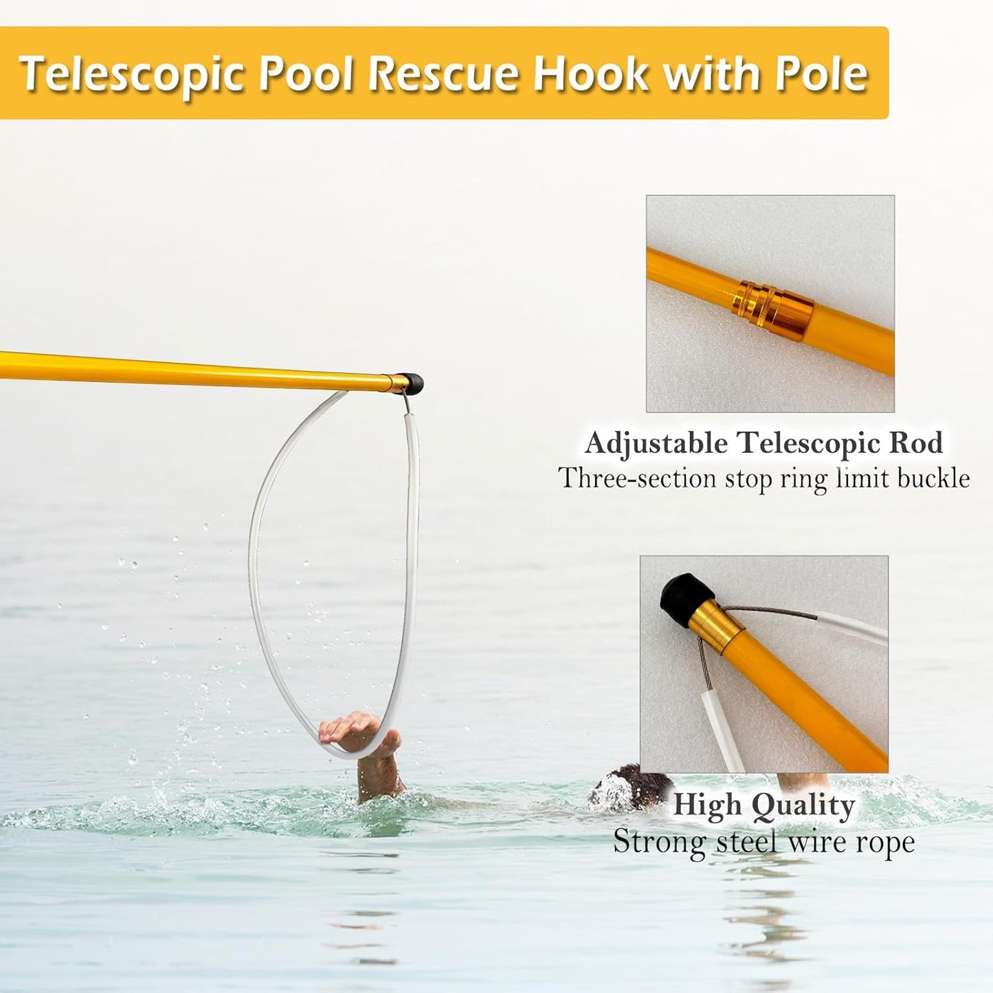 Pool Rescue Hook, Heavy Duty Adjustable Telescoping Rescue Safety Hook, Pool Safety Hook with Pole for Swimming Pool Cleaning, Lifesaving and Water Rescue, Pool Skimmer, Brush, and Net Pole