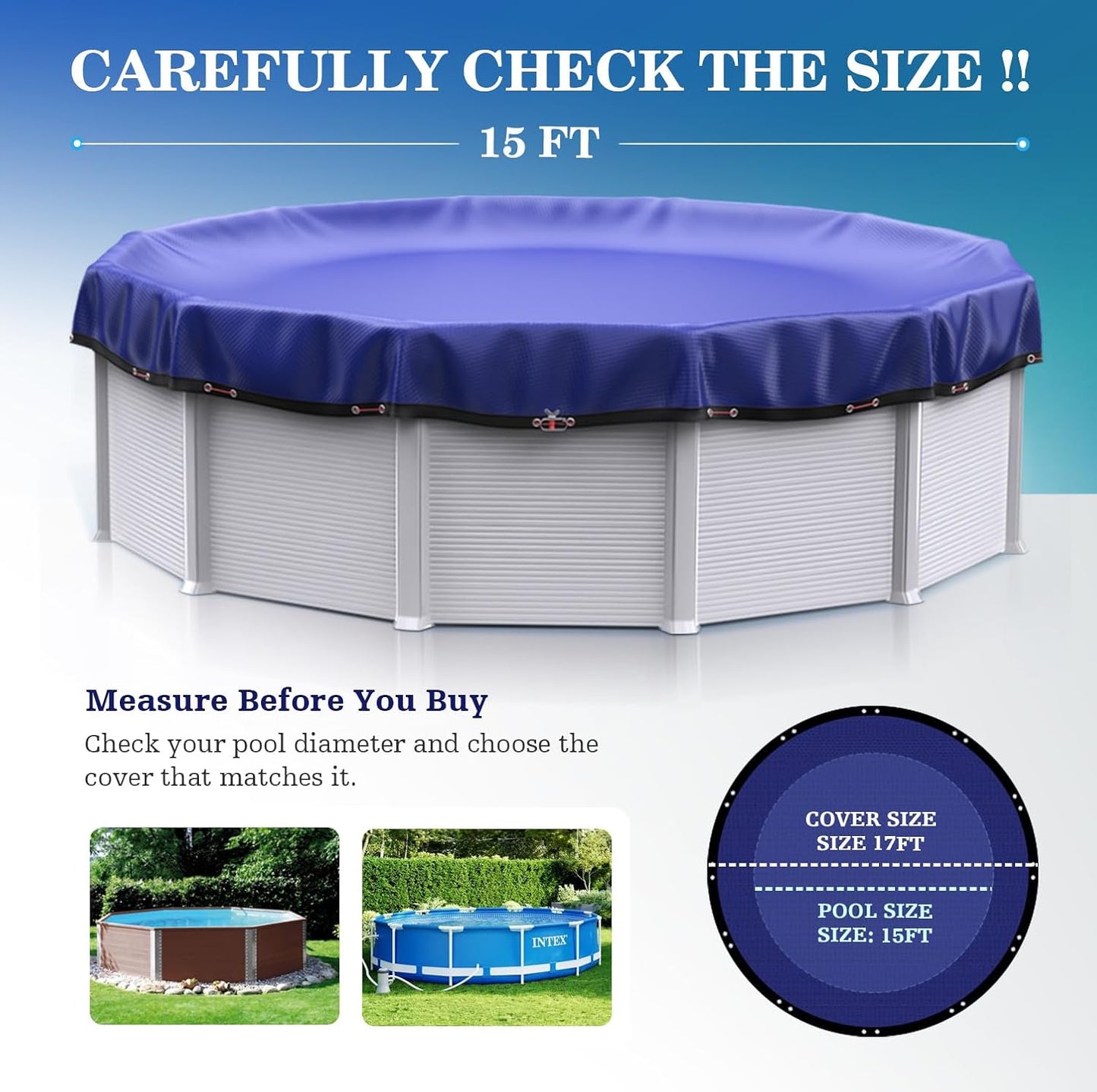 UIRWAY [200GSM Heavy Duty] 15FT Winter Pool Cover 2025 Upgrade Pool Cover for Above Ground Round Pools, UV & Cold Resistant Swimming Pool Cover, Tearproof Tarp with Cable System
