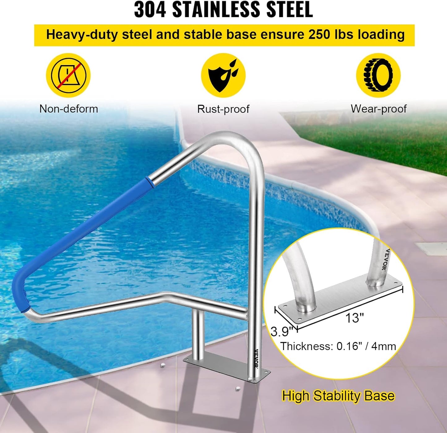 VEVOR Pool Rail 54x36 Pool Railing 304 Stainless Steel 250LBS Load Capacity Silver Rustproof Pool Handrail Humanized Swimming Pool Handrail with Blue Grip Cover & M8 Drill Bit & Self-Taping Screws
