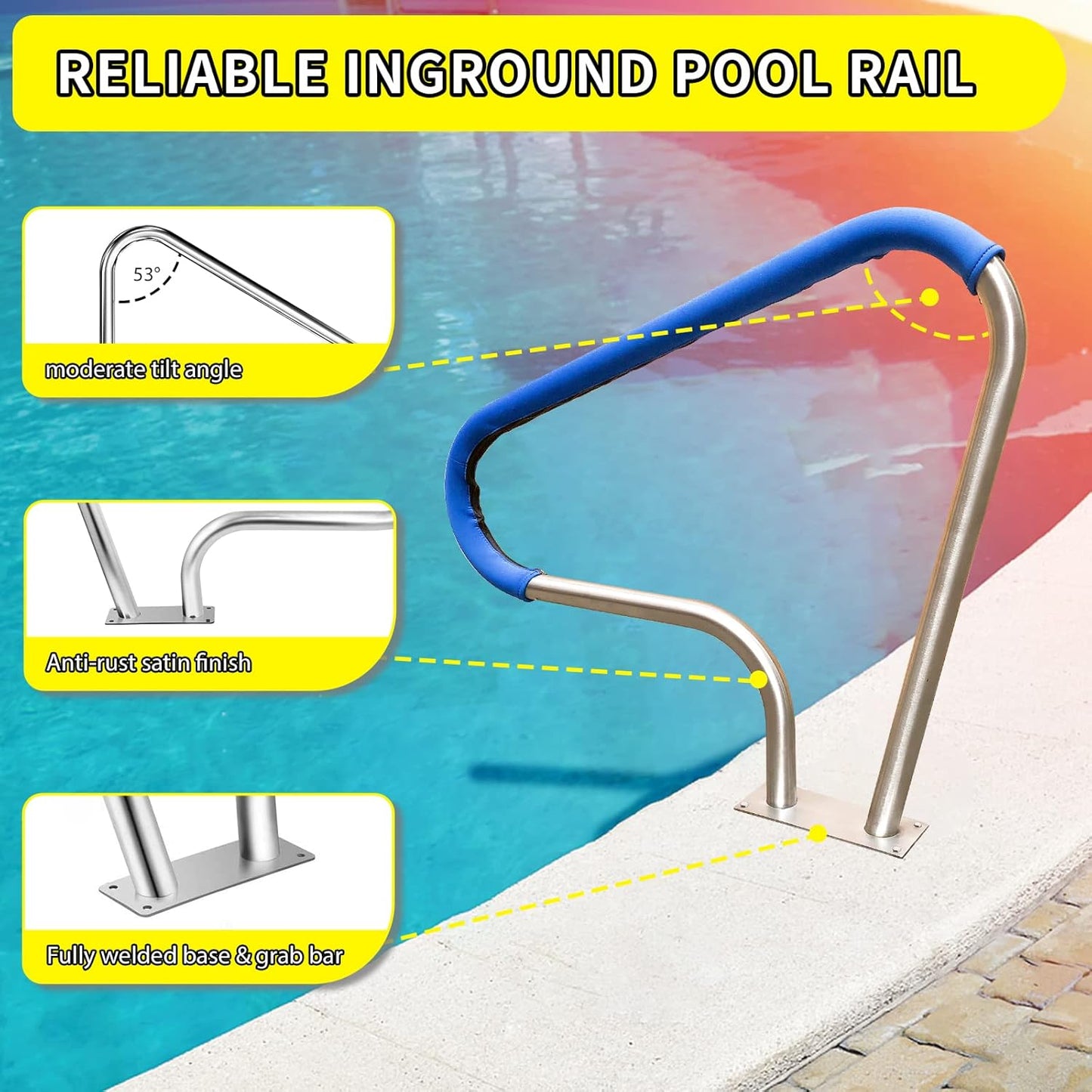 39x32 Inground Pool Rail, #304SS Swimming Pool Stair handrail with no-Slip Cover, mounting Base & Accessories.