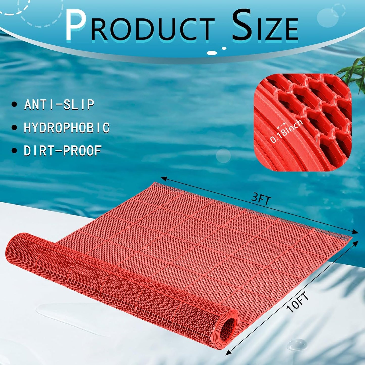 Tondiamo Drainage Pool Flooring Mats Swimming Pool Non Slip Mat PVC Splash Matting Mesh Hollow Doormat Roll for Outdoor Indoor Patio Restaurant Garage Kitchen Bathroom Bars(3 x 10 ft,Red)