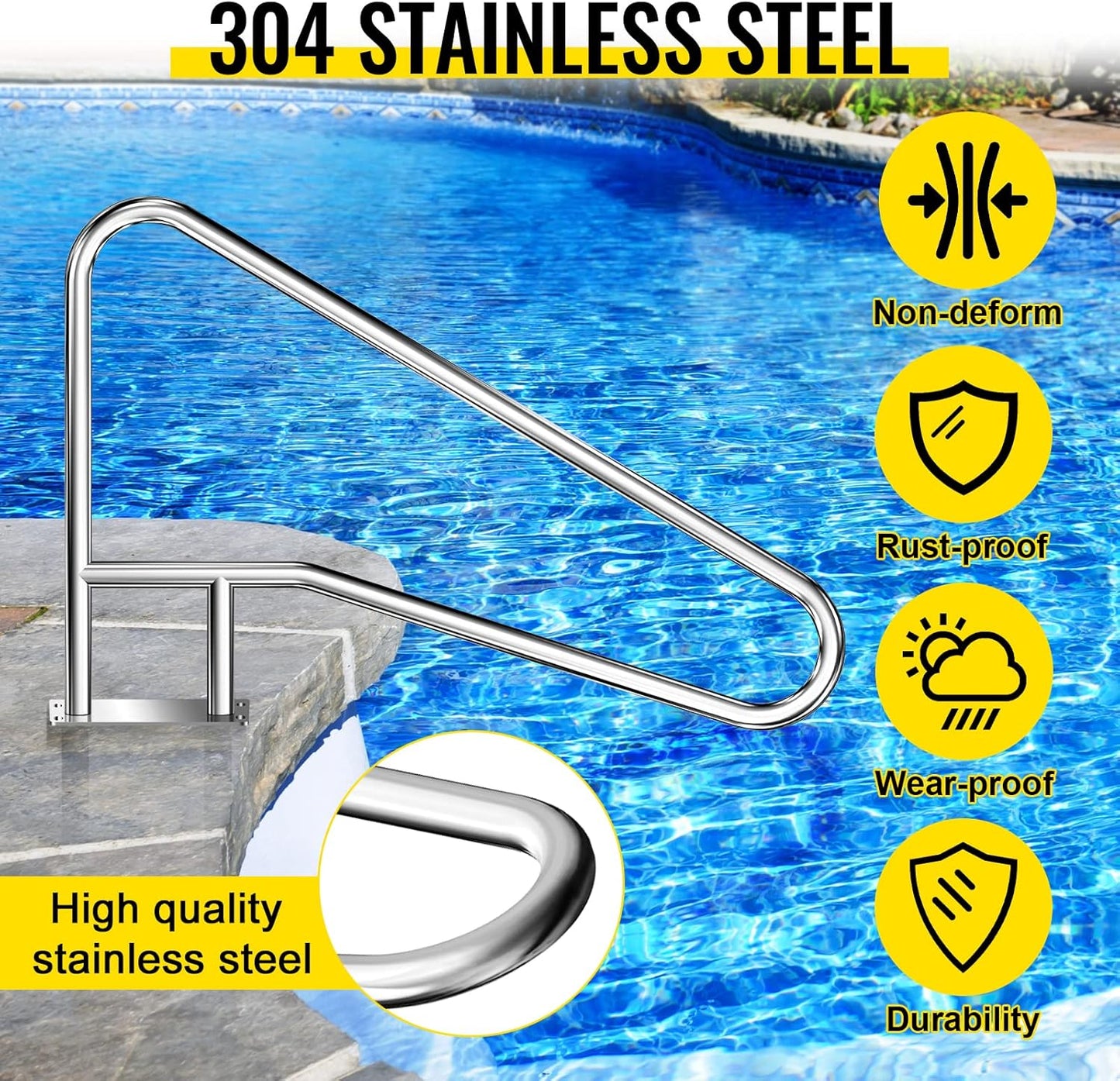 Pool Handrail Swimming 55'' x 32'' Pool Stair Rail Stainless Steel Pool Railing 300Lbs Load Capacity Inground Pool Rails with Grip Cover