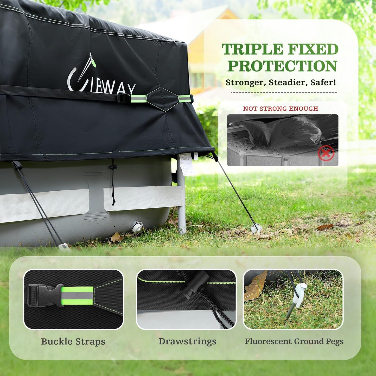 UIRWAY 14 Ft Round Winter Pool Cover with Reflective Strips, Swimming Pool Cover for Above Ground Pools, Solar Cover Including Rope Tie and Luminous Ground Nails, PU Tarp Snug Fit for UV Protected