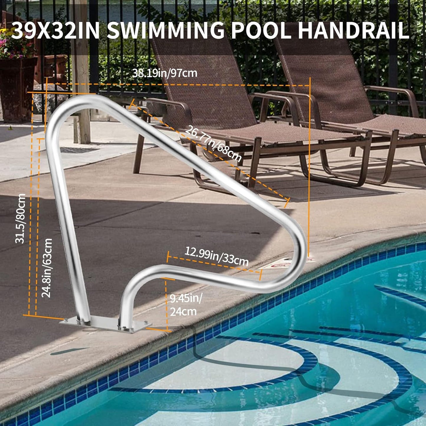 Pool Rail for inground Pools (39x32), 304SS Pool handrail with Nonslip Blue Cover.