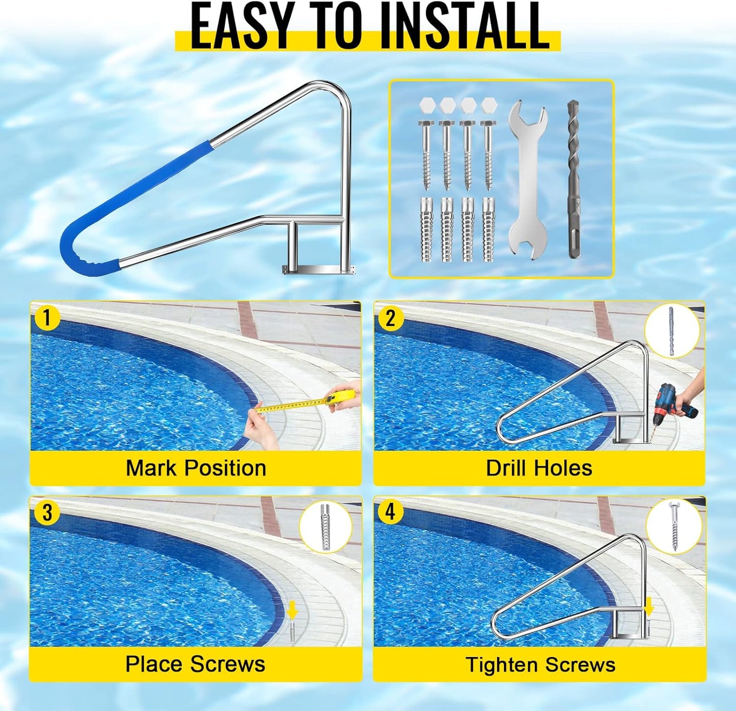 Pool Handrail Swimming 55'' x 32'' Pool Stair Rail Stainless Steel Pool Railing 300Lbs Load Capacity Inground Pool Rails with Grip Cover