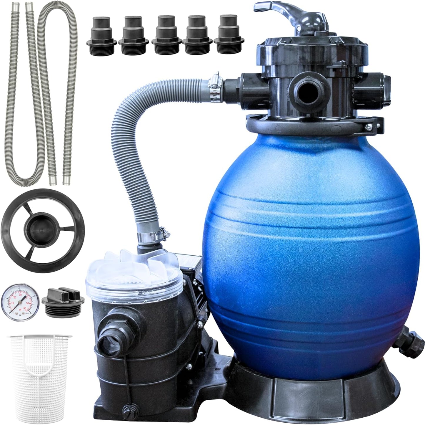 SWIMLINE HYDROTOOLS Complete Sand Filter System, 14" Tank - for Above-Ground & Inground Pools Up to 10,500 Gallons, Single Speed Pump, 0.45 THP, 2,400 GPH, 4-Way Multi-Port Valve, 60 lb Capacity